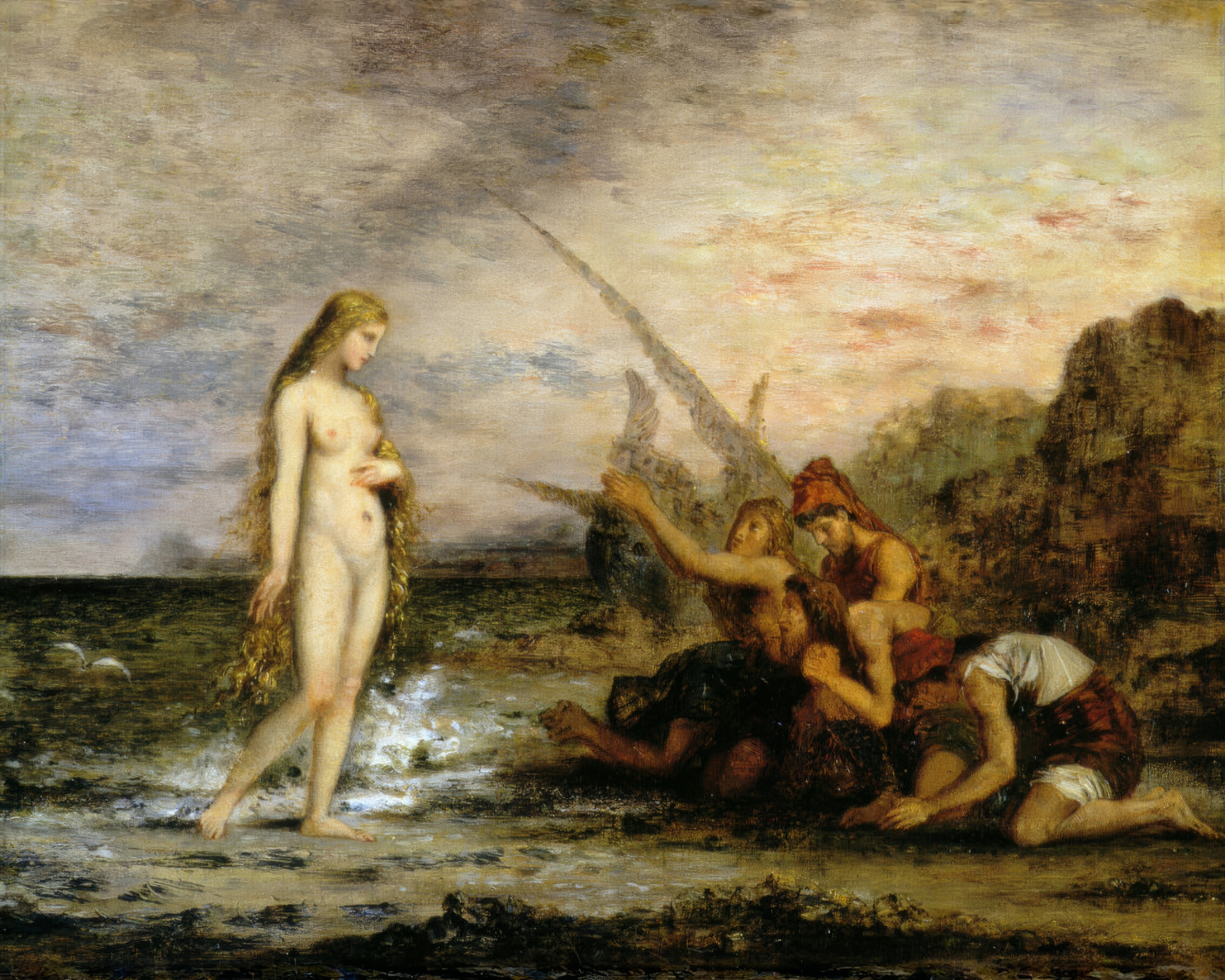 A woman with long golden hair rises from a dark sea while figures kneel on the rocky shore.
