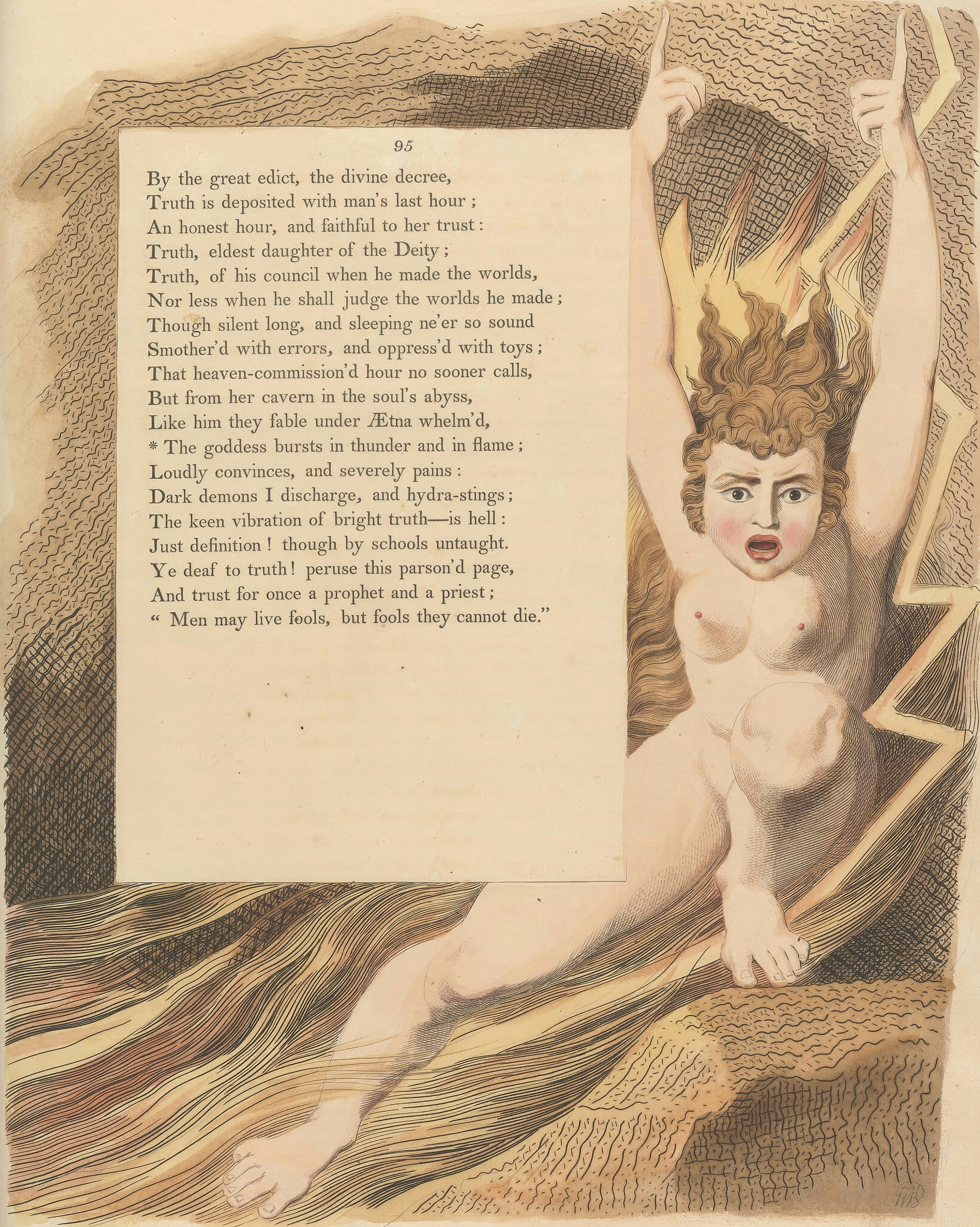 A figure with arms raised bursts out amid lightning and flame on the page of a book.