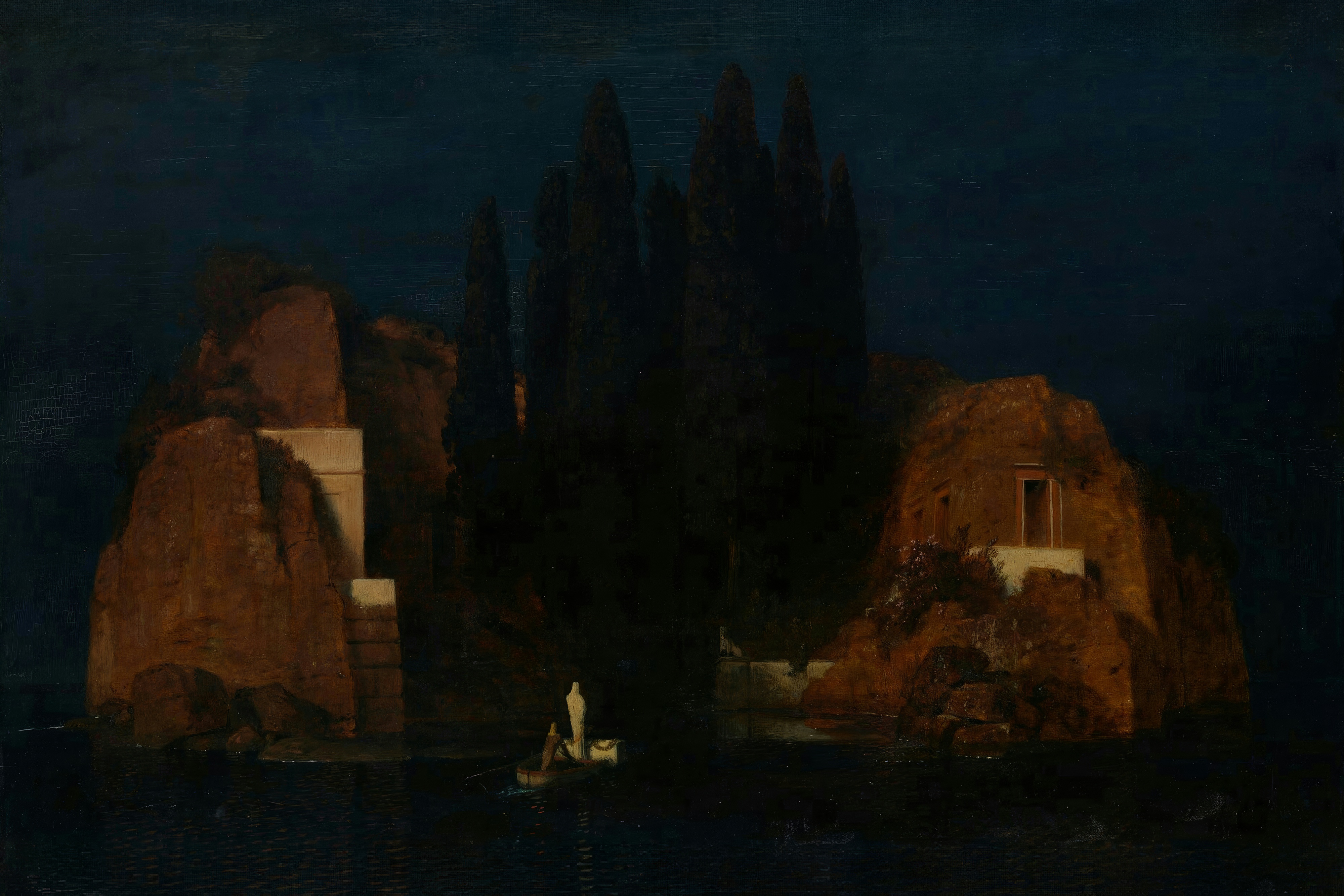 A small boat carrying a white-robed figure and a coffin approaches a rocky island of tall dark cypress trees.