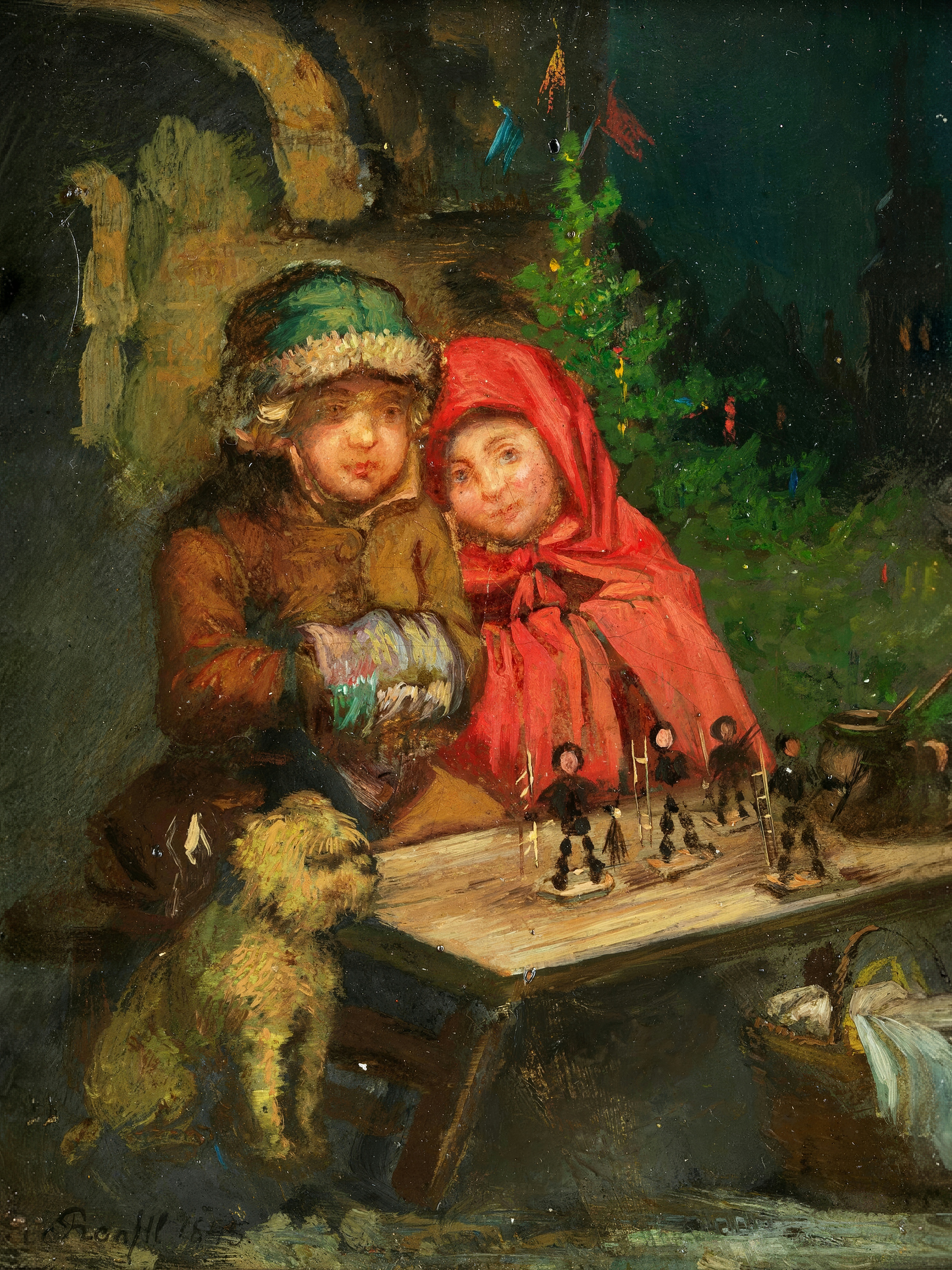 Two children wrapped in winter clothes stand at a market stall lined with small toy figures, a little Christmas tree behind them.