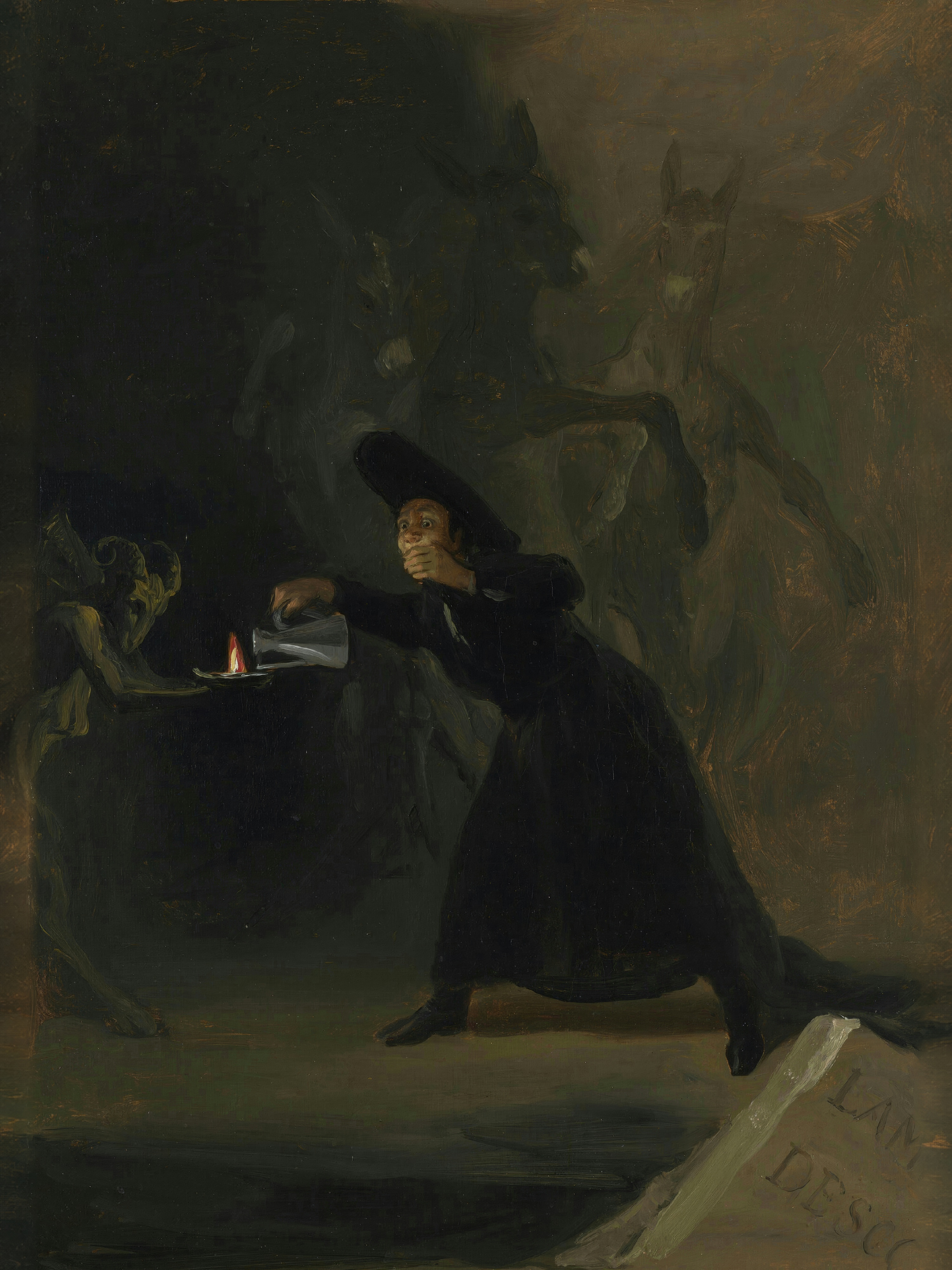 A terrified priest in black pours oil into a lamp held by a goat-headed devil while donkeys dance behind him.