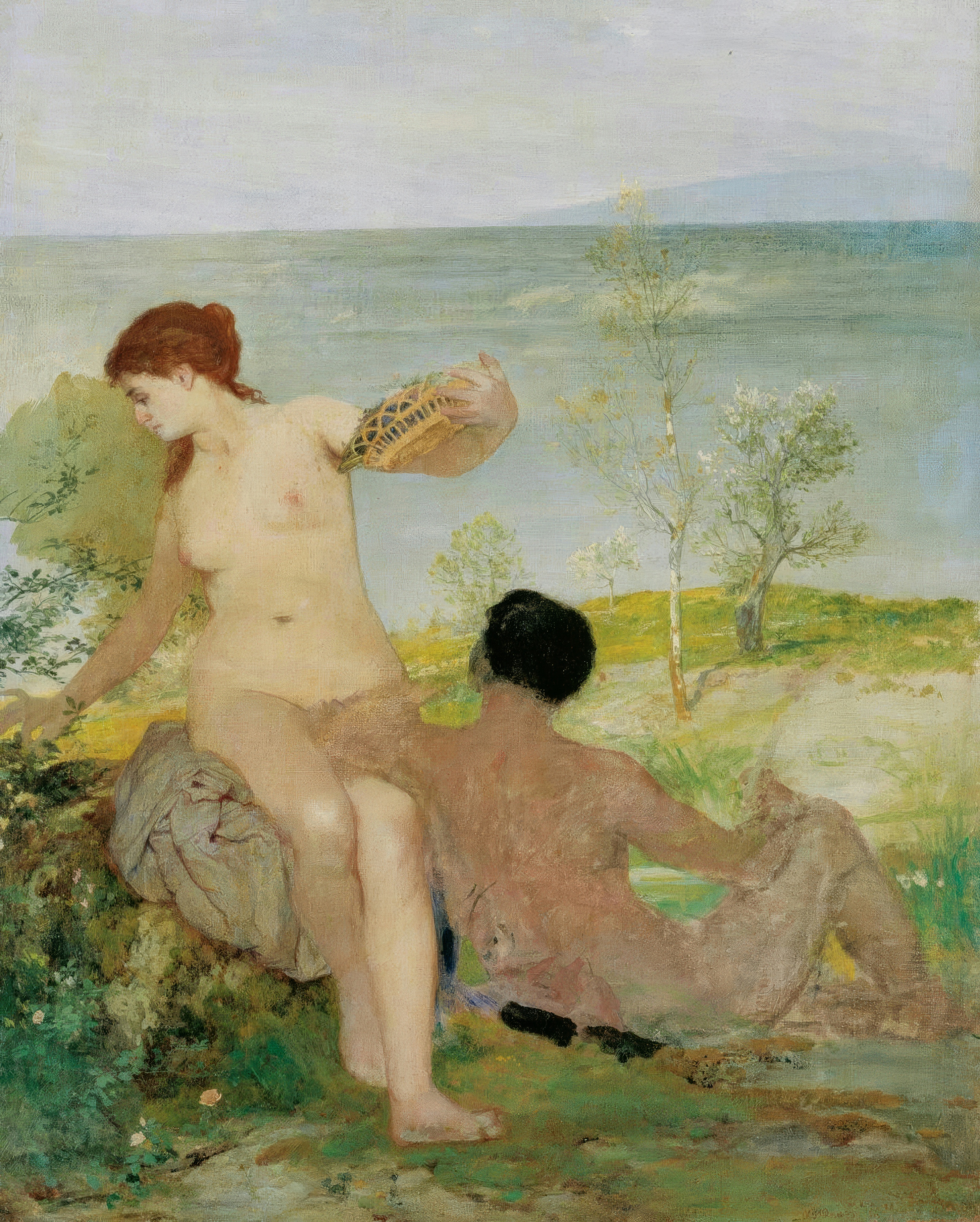 A red-haired woman with a basket sits on a grassy bank by a lake beside a reclining man.