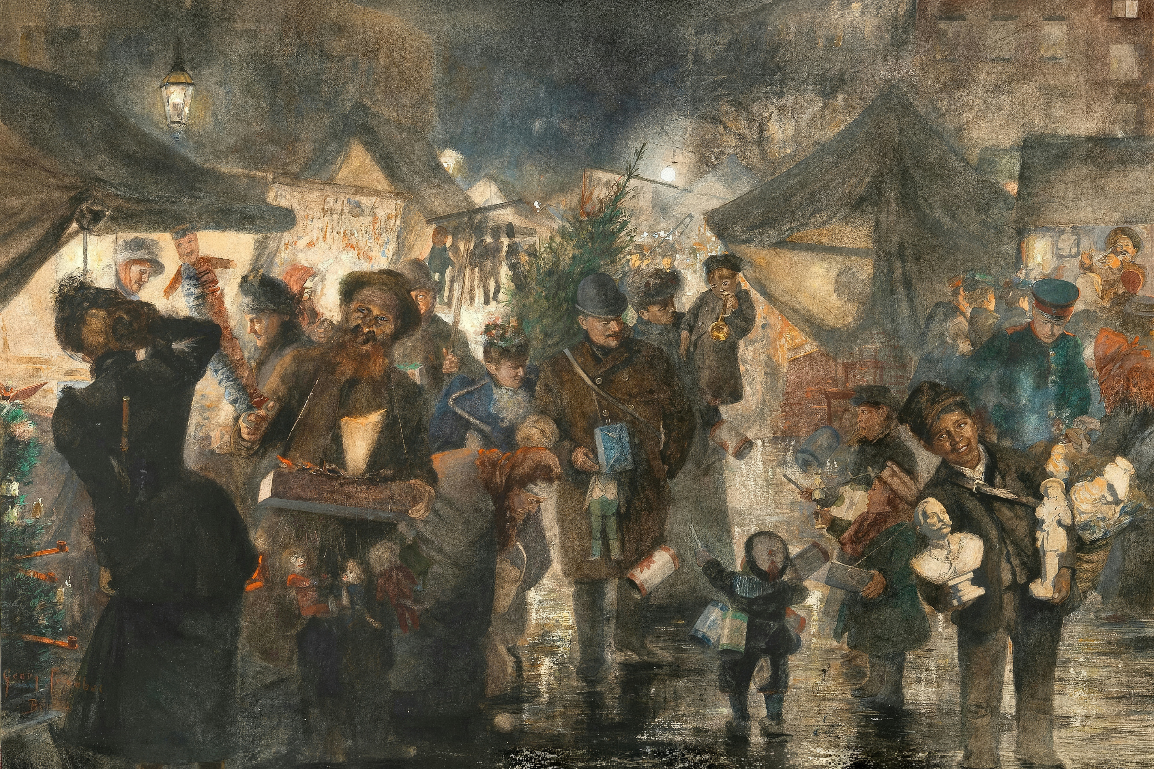 A Christmas market at night, lit by gas lamps, with crowds at the stalls and a man carrying a tree.