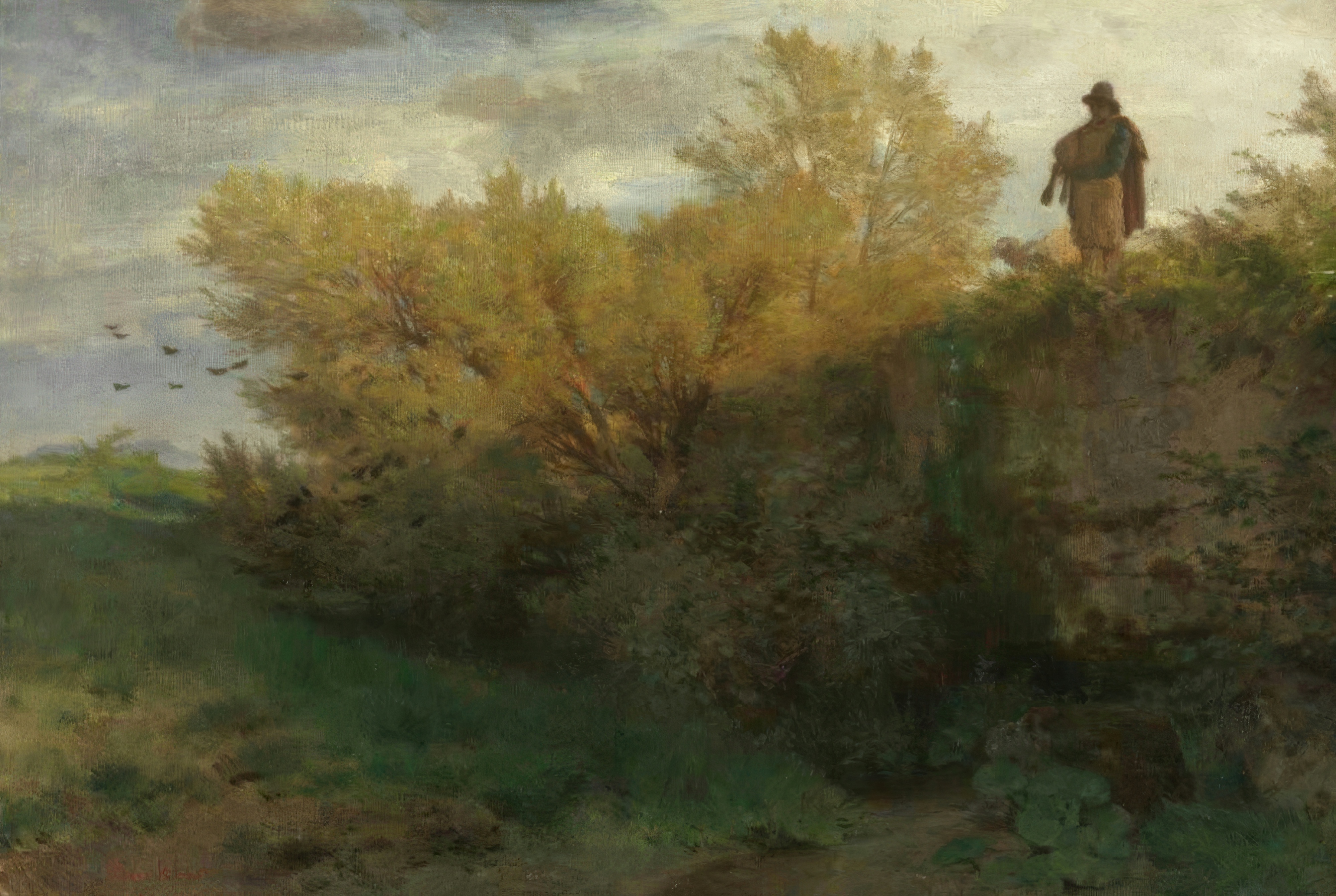 A lone bagpiper stands on a grassy ridge against a soft cloudy sky.