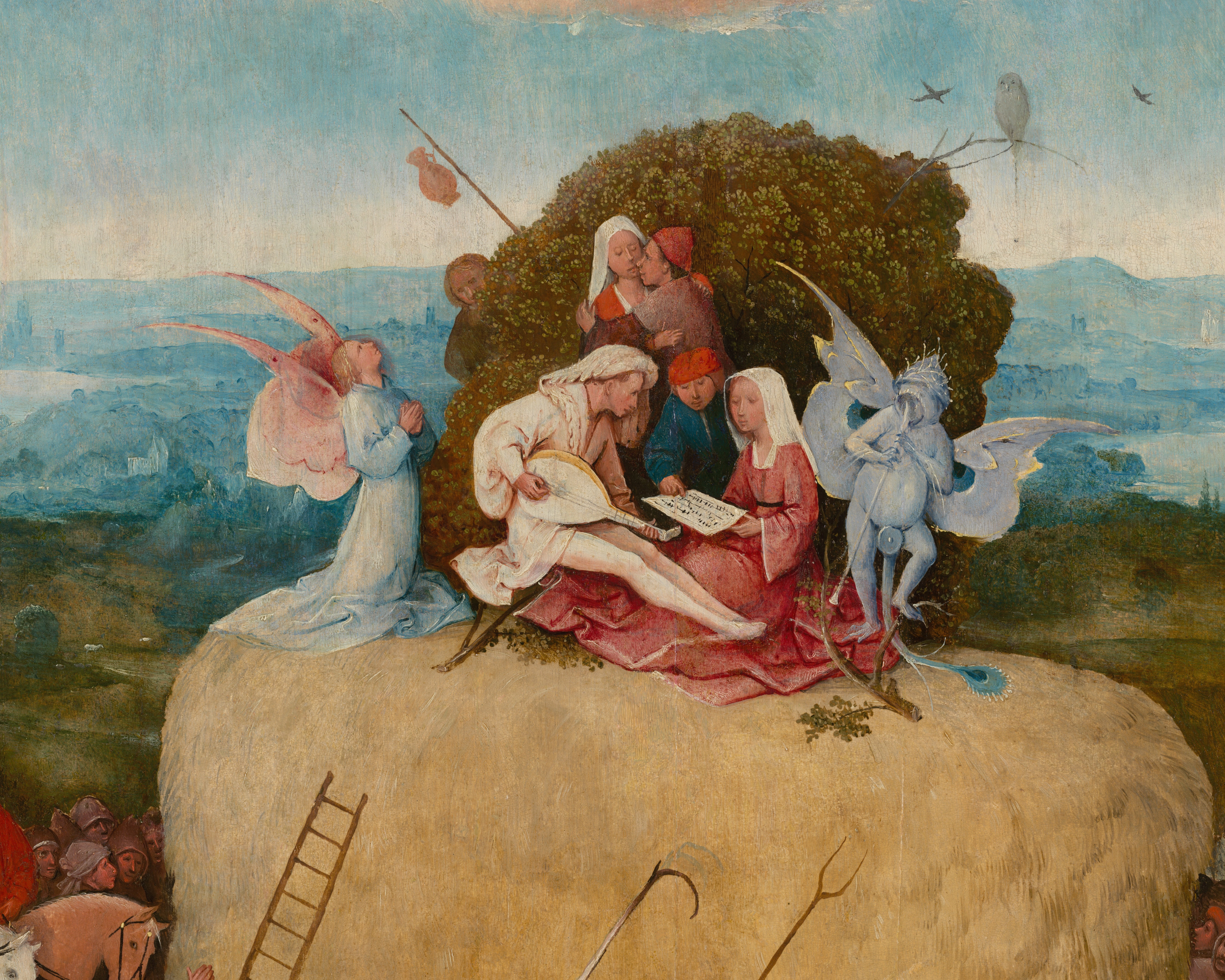 Lovers making music on top of the haystack between a praying angel and a blue demon playing a pipe; detail of Bosch's Haywain Triptych.