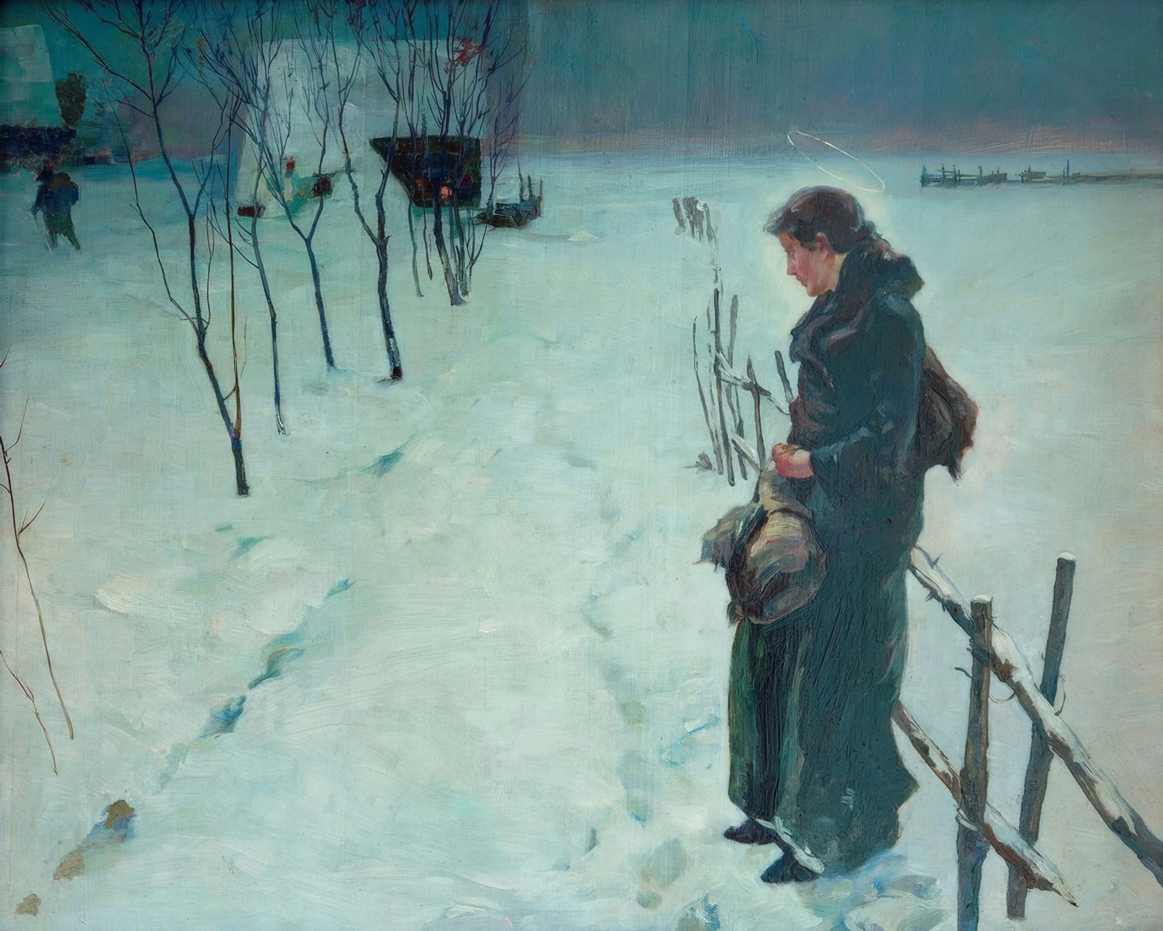 A woman in a dark coat carries a bundle along a snowy path at dusk beside a man, with a village in the distance.