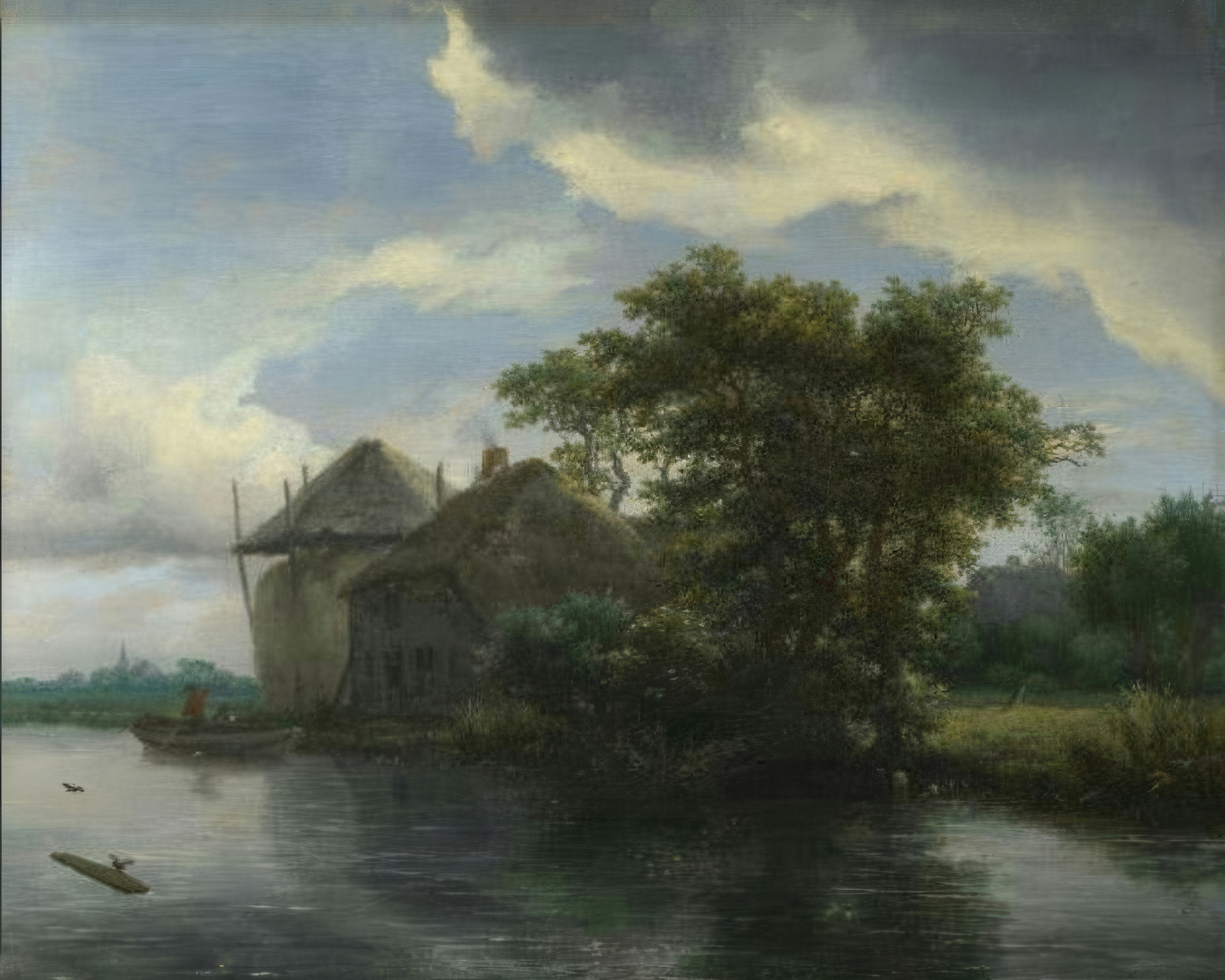 A thatched cottage and a hayrick among trees by a river beneath a vast, cloudy sky.