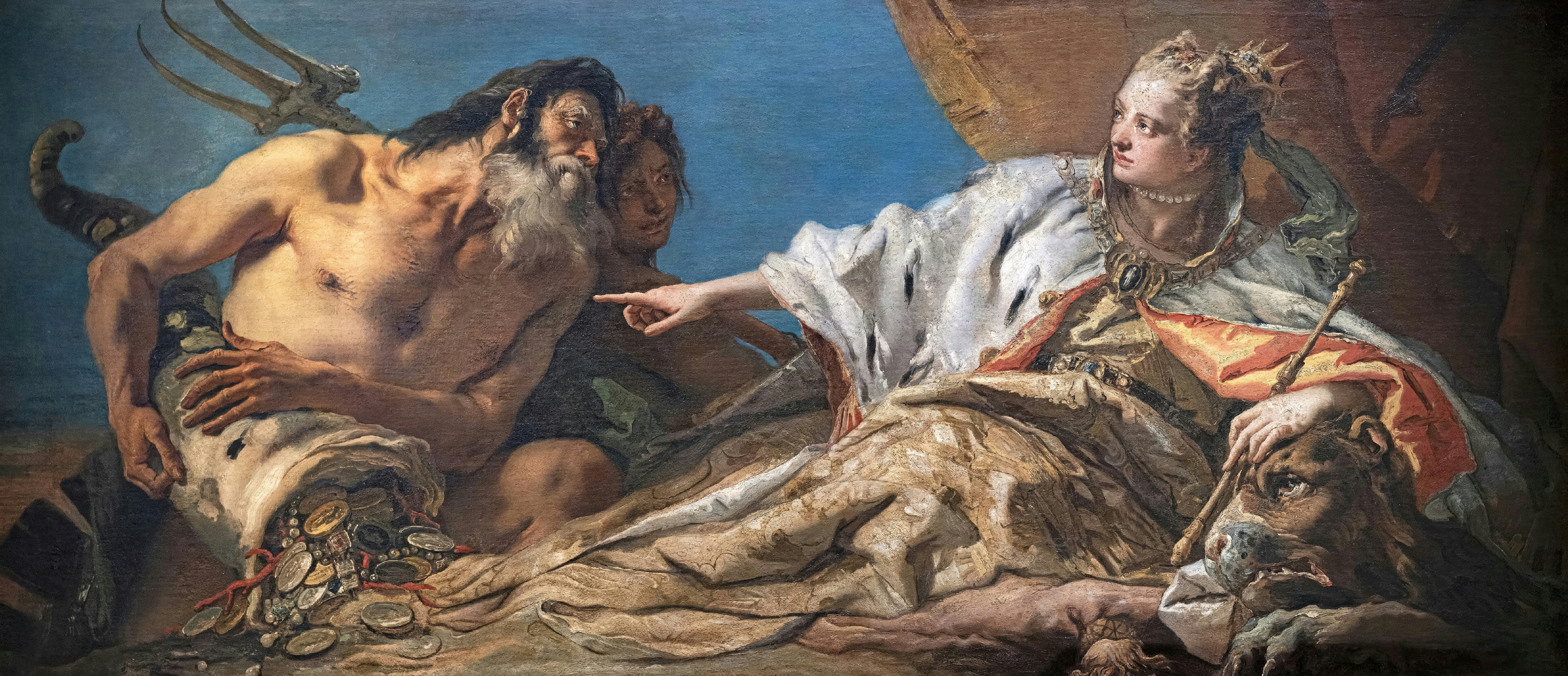 Neptune pours gold and pearls from a cornucopia at the feet of Venice, shown as a queen.