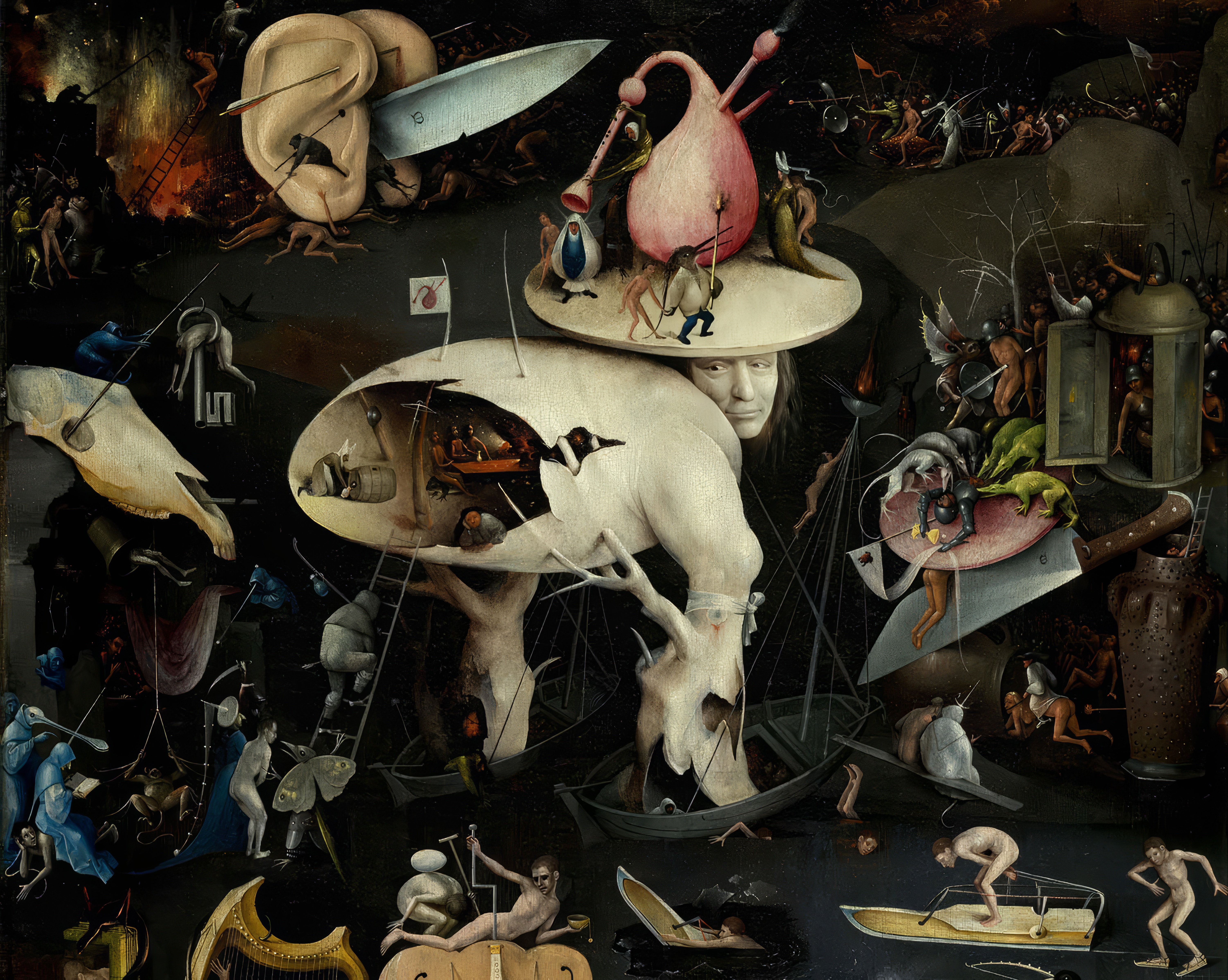 The Tree Man in hell: a pale hollow egg-shaped body on tree-trunk legs with a face looking back over its shoulder, and above it two giant ears with a knife blade between them; detail of Bosch's Garden of Earthly Delights.