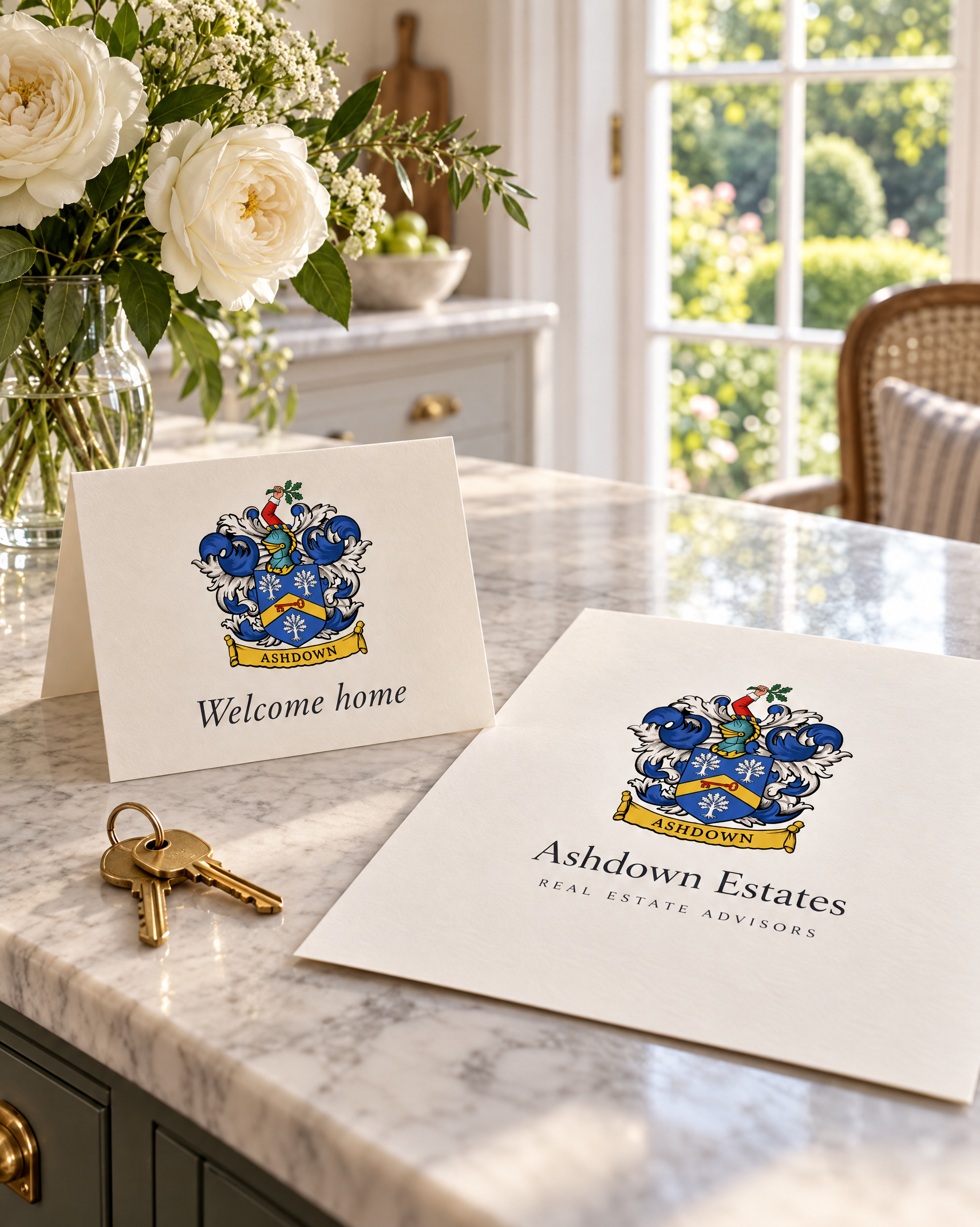 A Welcome home card and Ashdown Estates letterhead with a blue coat of arms of oak trees and a key, on a marble kitchen island beside two brass house keys.