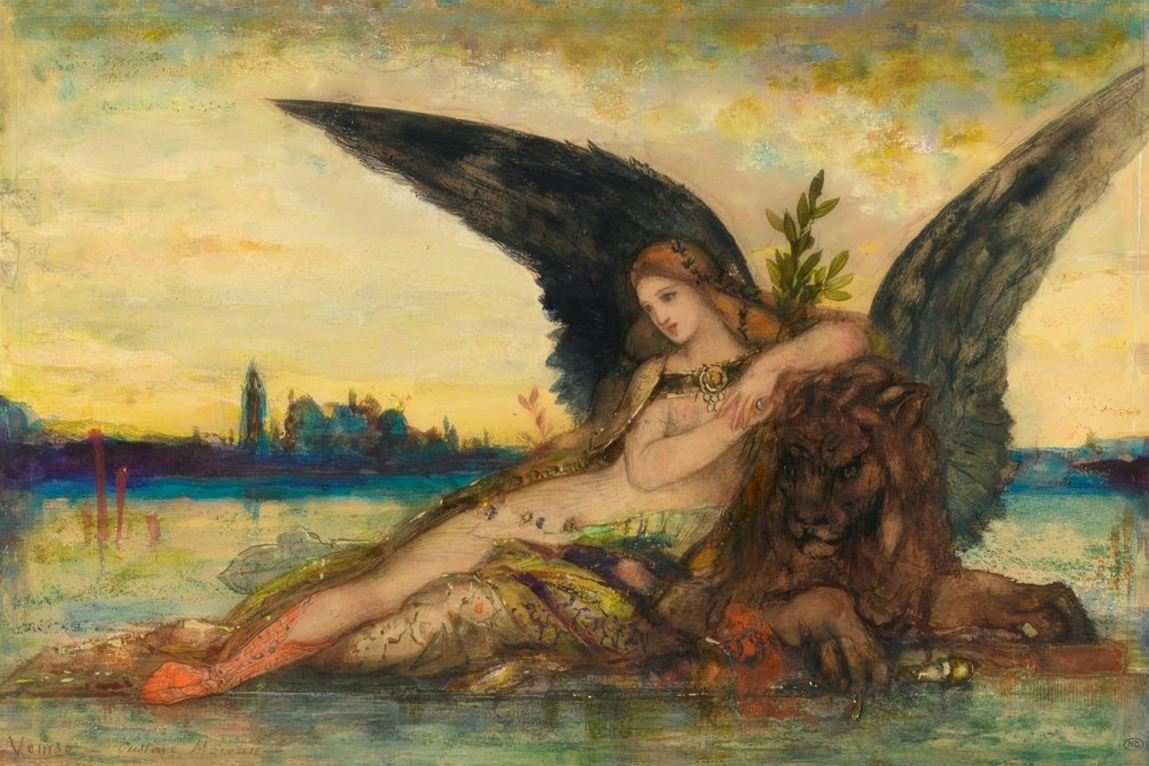 A winged figure reclines with the Lion of Saint Mark as Venice rises from golden water.