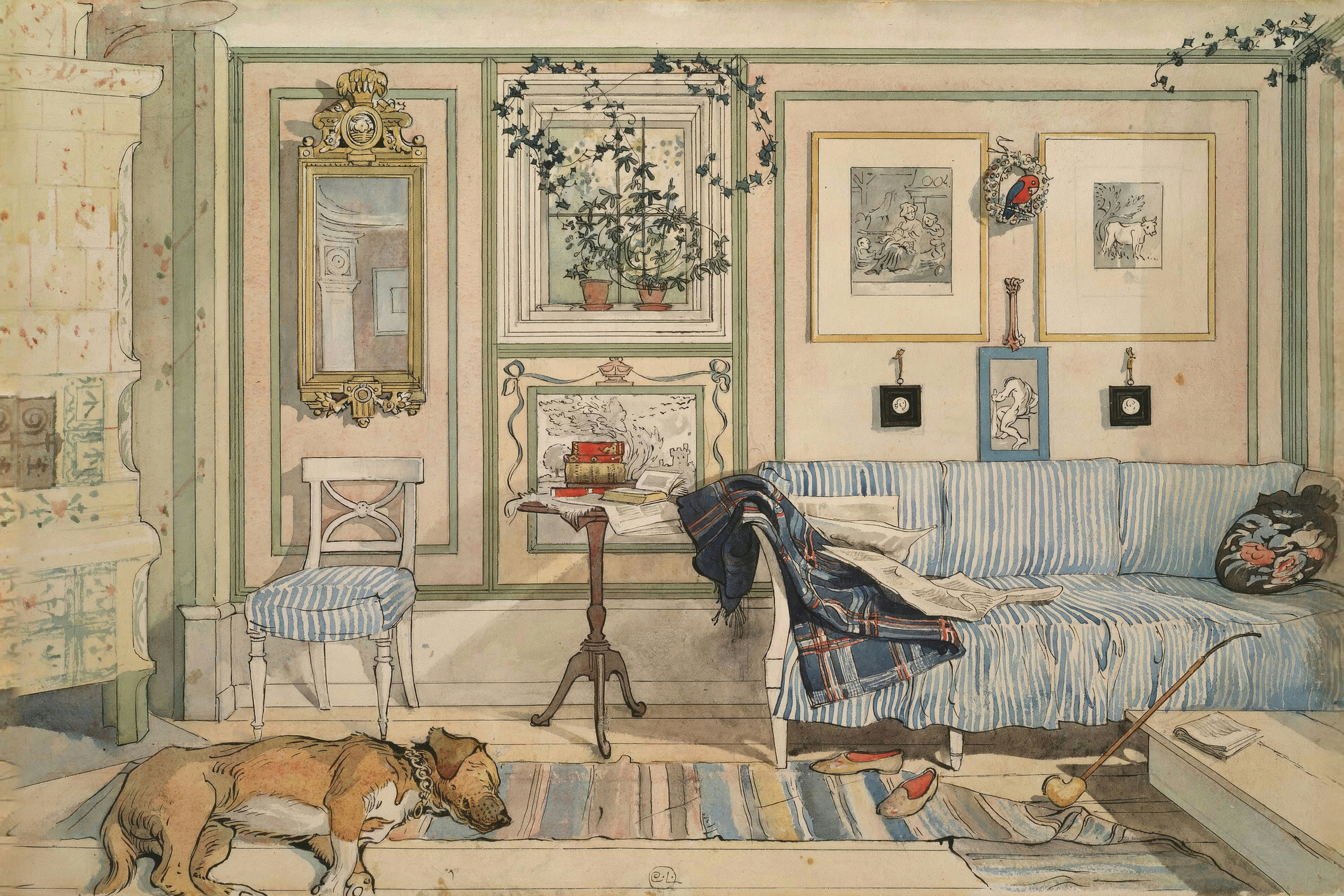 A dog sleeps on a rag rug in front of a striped sofa in a sunny room.