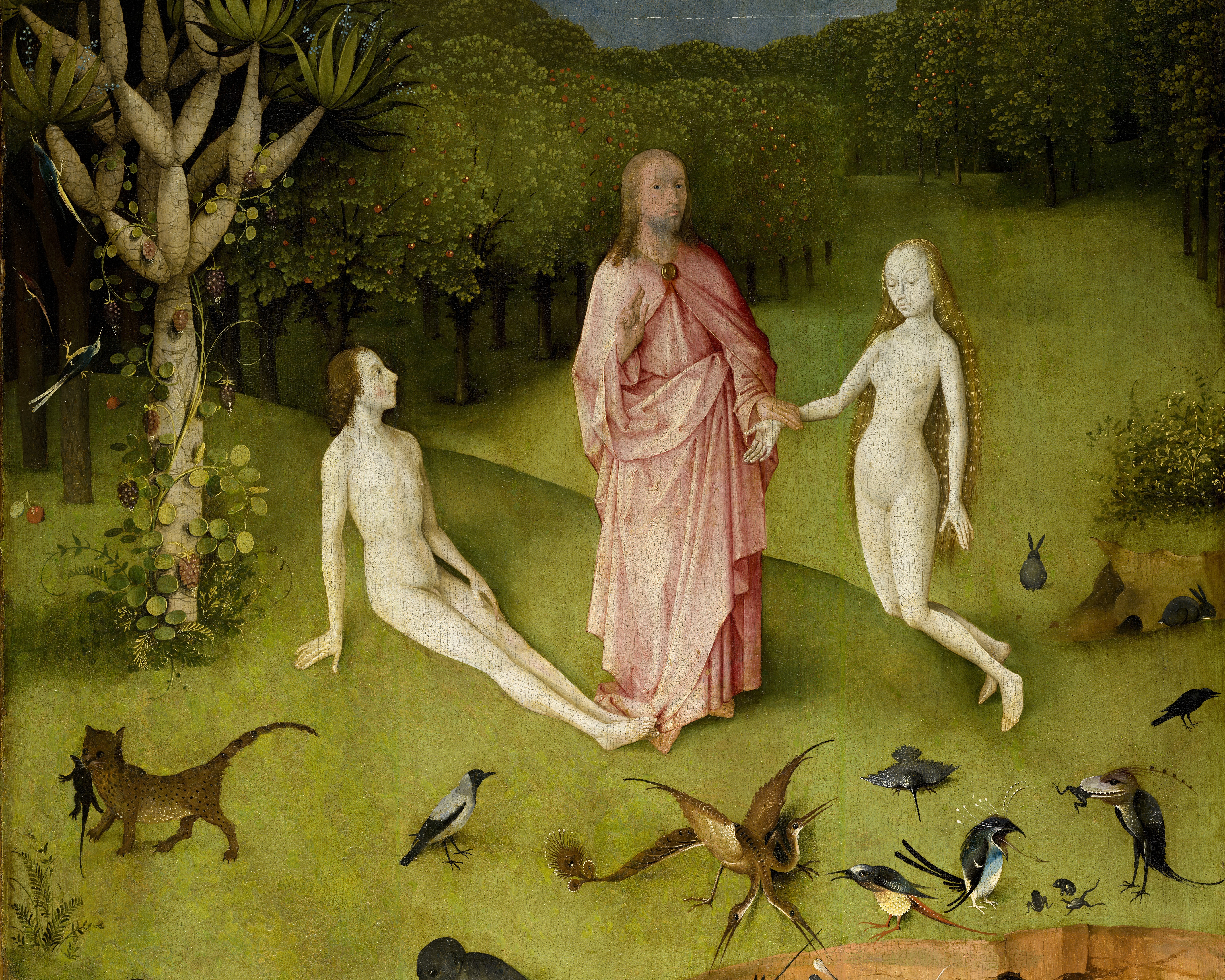 God presenting Eve to Adam in a green paradise meadow; detail of Bosch's Garden of Earthly Delights.