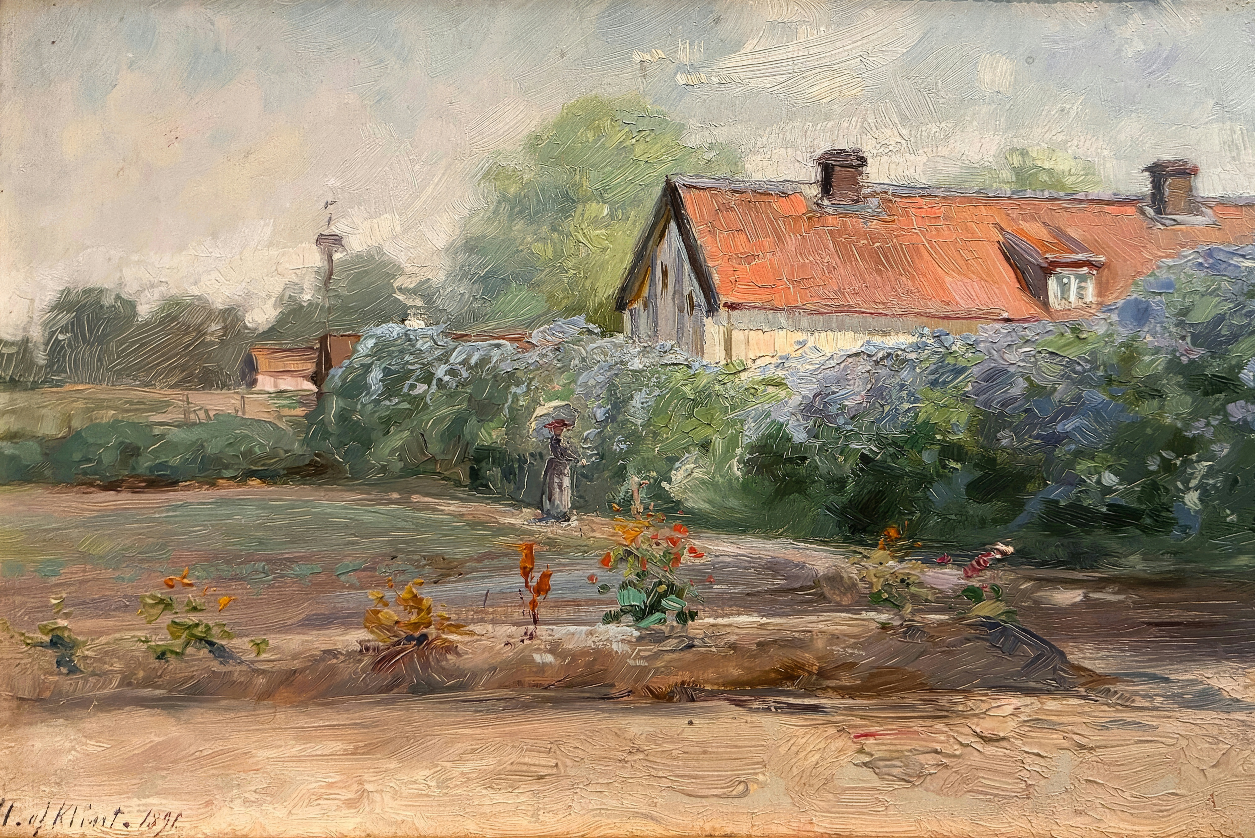 A figure with a parasol walks along a country path past blue flowers toward a farmhouse with a red roof.