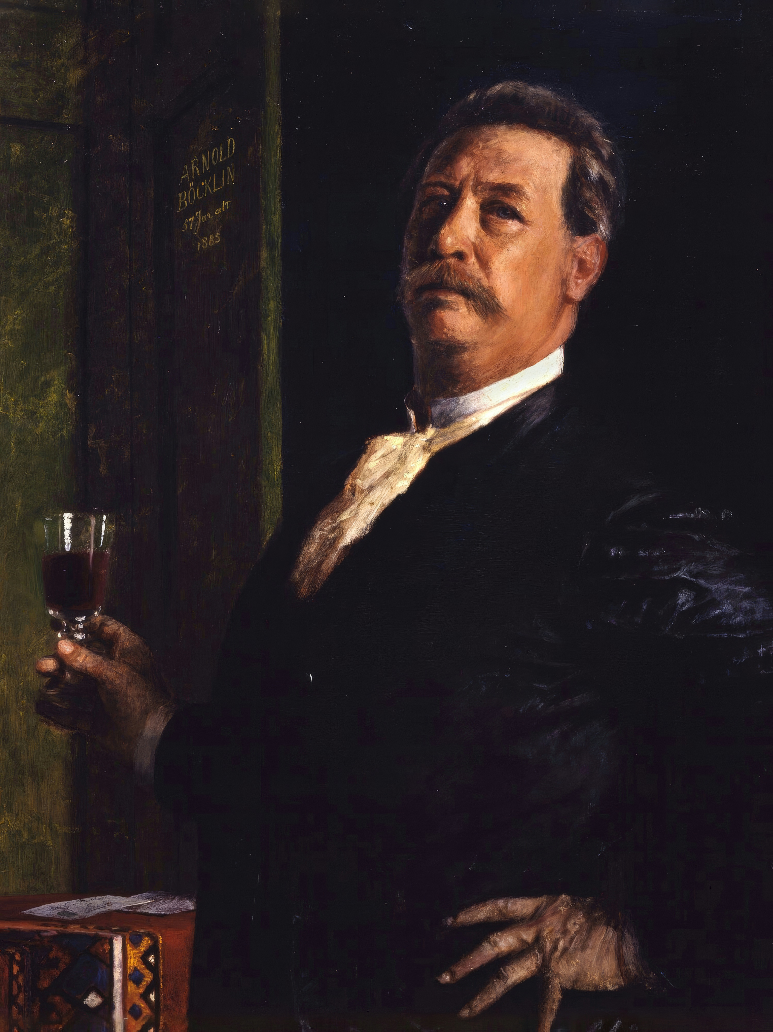 Arnold Böcklin, lit from one side against a dark background, raises a glass of red wine.