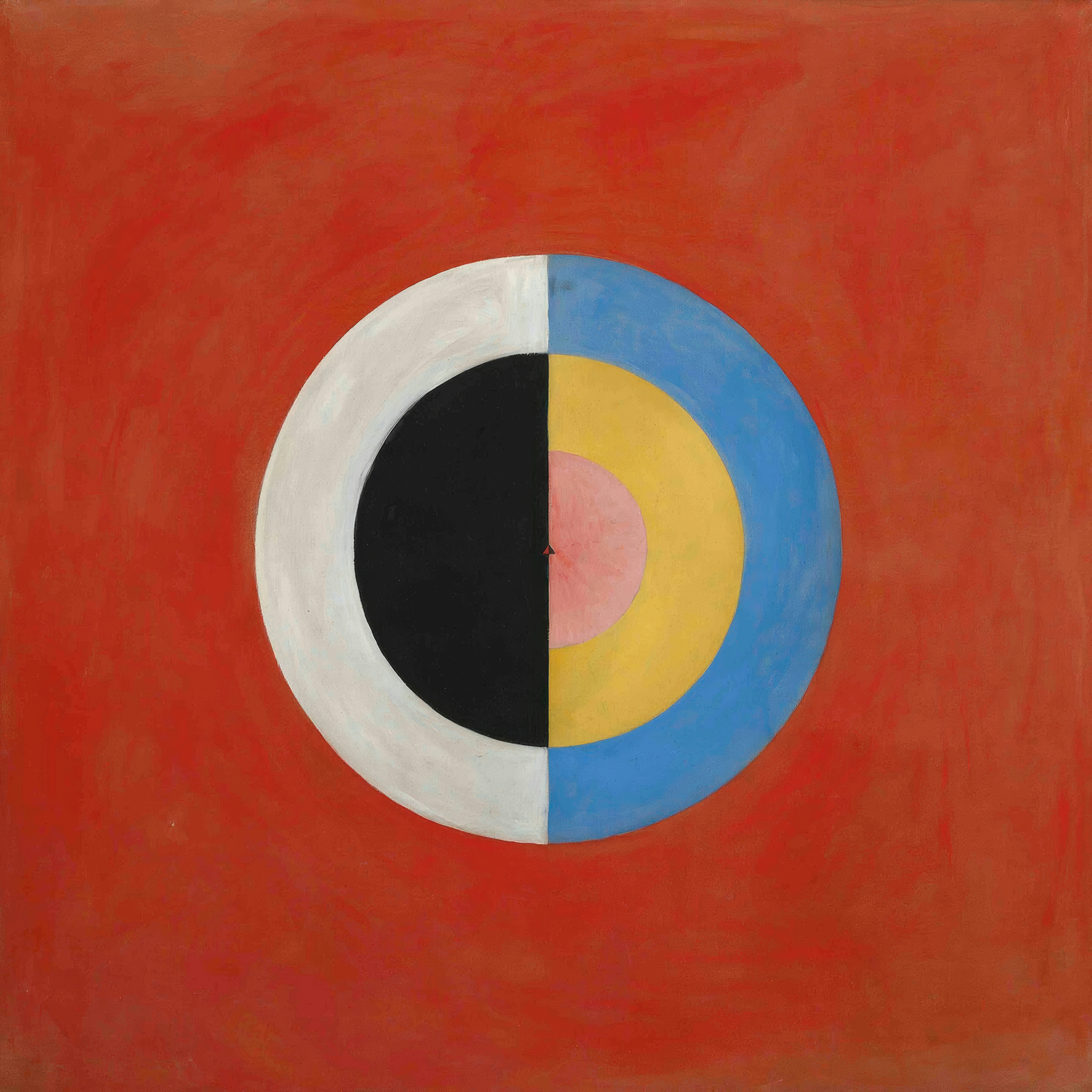 A divided circle in black, white, blue and gold on a vibrant red ground.