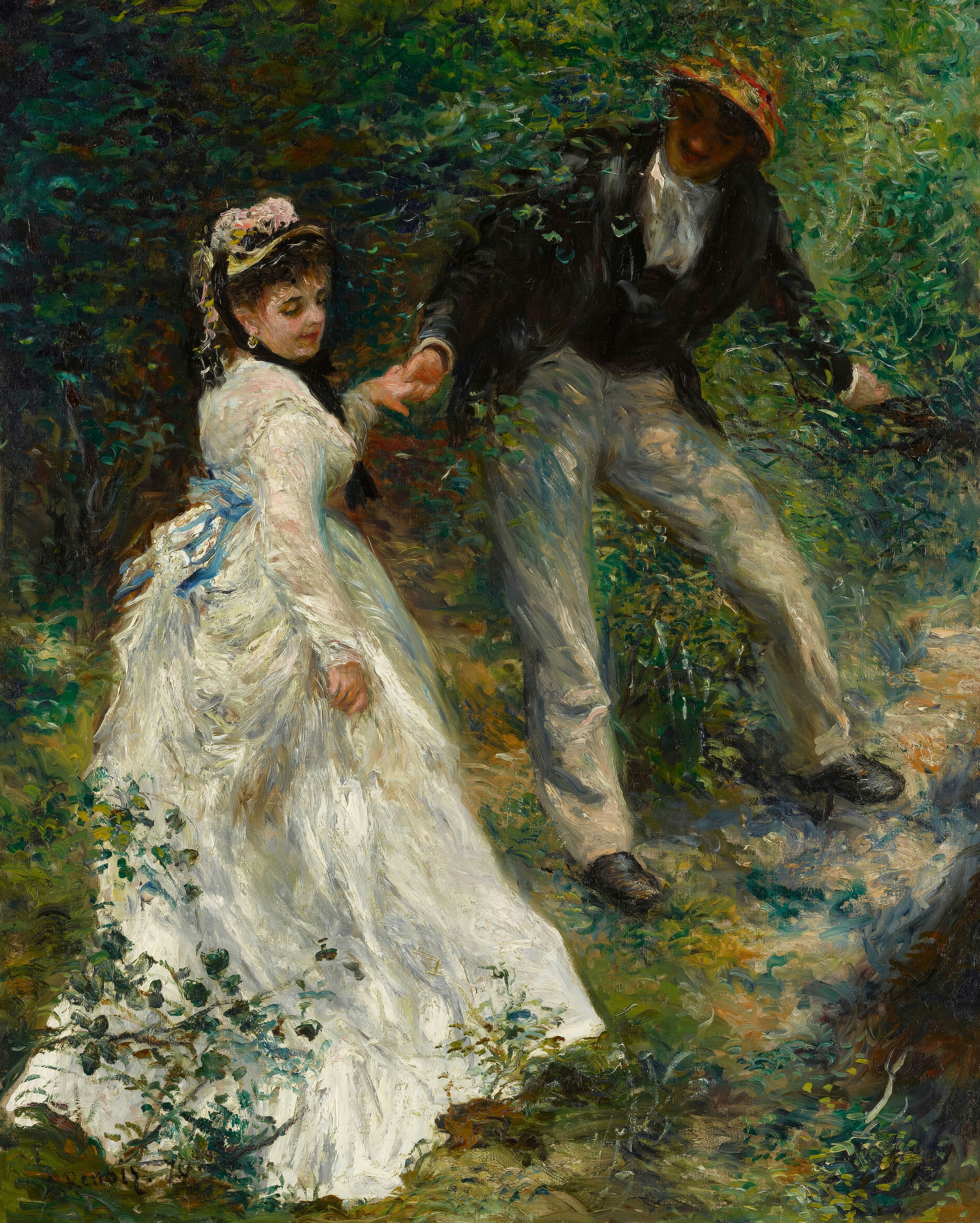 A young woman in a white dress being led by the hand by a young man along a sunlit woodland path; painted by Pierre-Auguste Renoir.