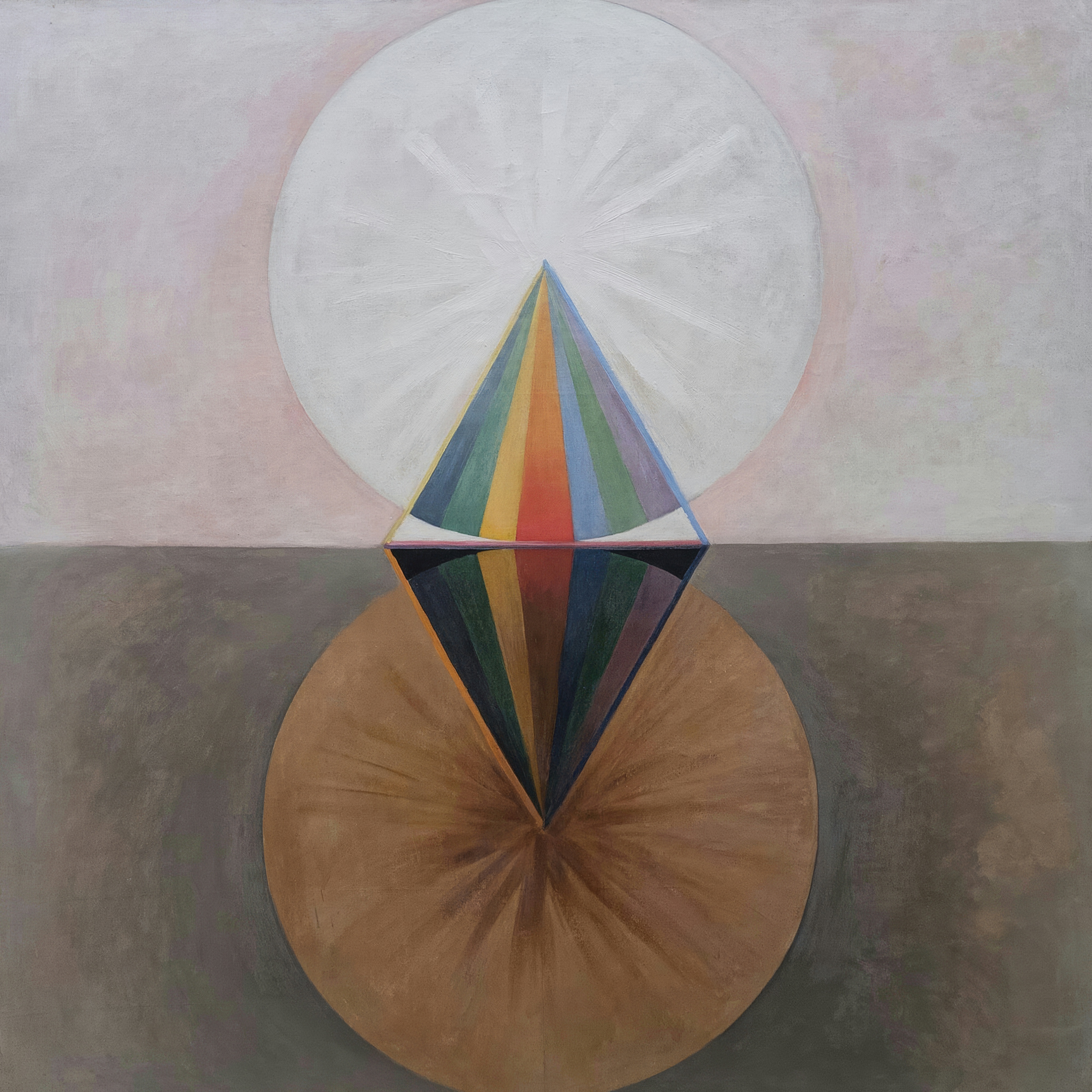 A rainbow-coloured diamond prism stands between a white sphere above and a brown sphere below, on a pale grey ground split by a horizon.