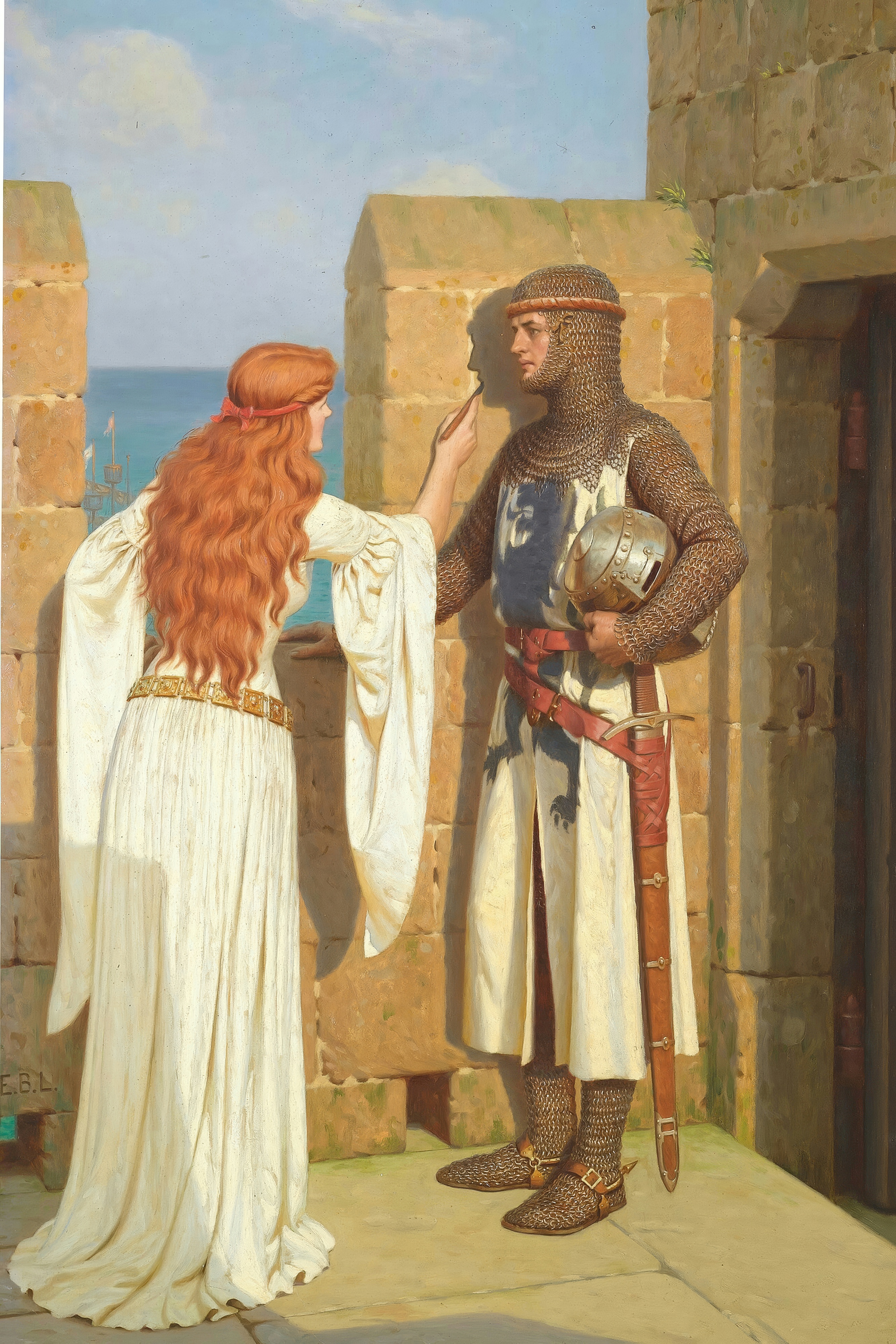 A red-haired lady in a white gown tracing the shadow of a knight in mail and a white surcoat on a stone wall, the sea visible behind; painted by Edmund Blair Leighton.