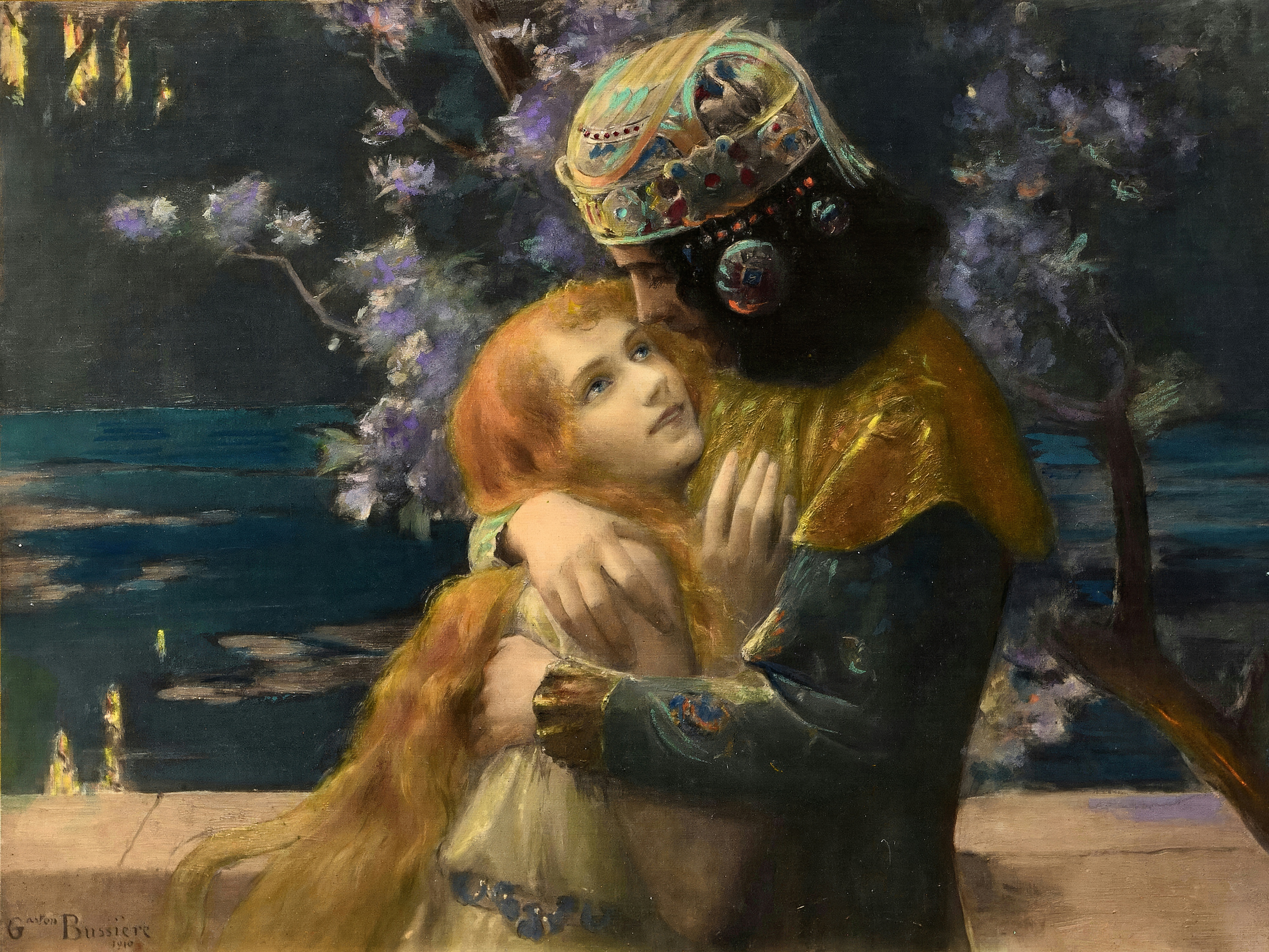 Elsa with long golden hair embracing a dark-haired man in a jewelled cap and gold cloak beside dark water under lilac blossom; painted by Gaston Bussière.