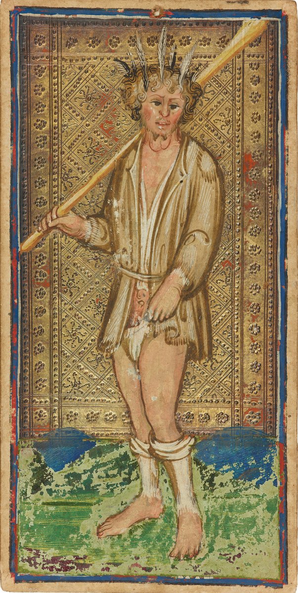 The Fool, a painted trump of the Visconti–Sforza tarot: a ragged man with feathers in his hair and a staff over his shoulder, on a gold ground.