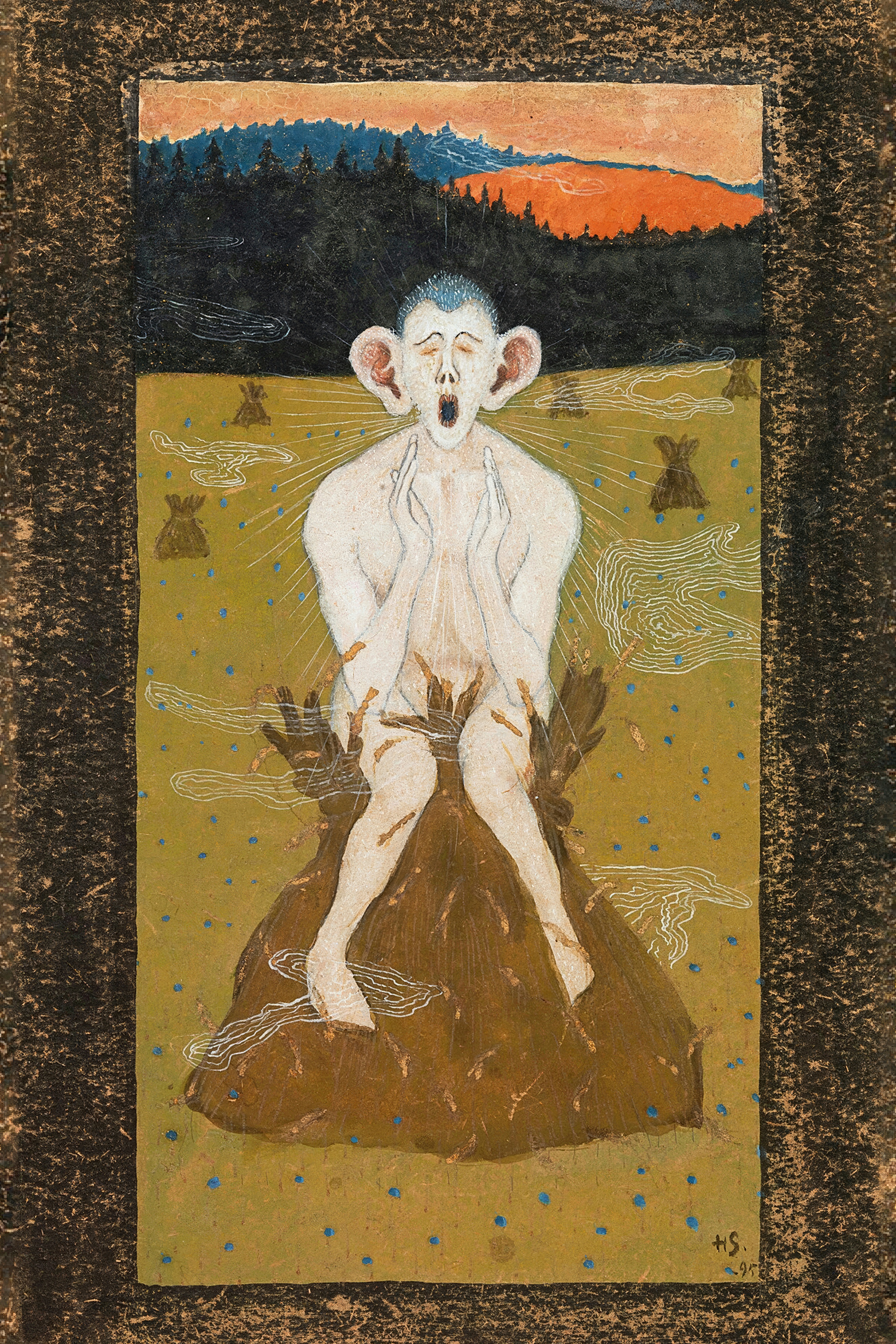 A hunched, grinning figure of Frost sits over a frozen landscape, breathing cold over the fields.