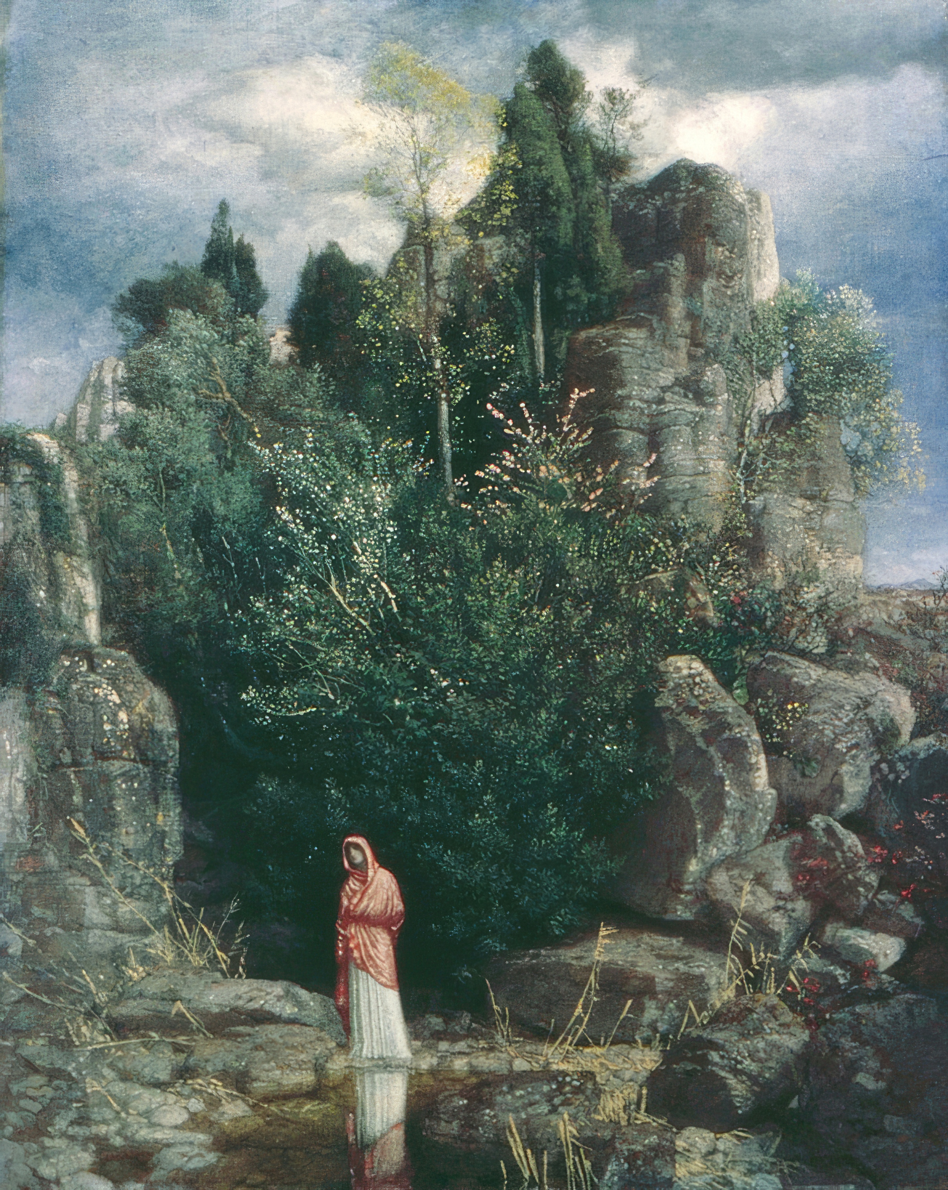A lone figure in red stands by a still pool among towering rocks and dense green.