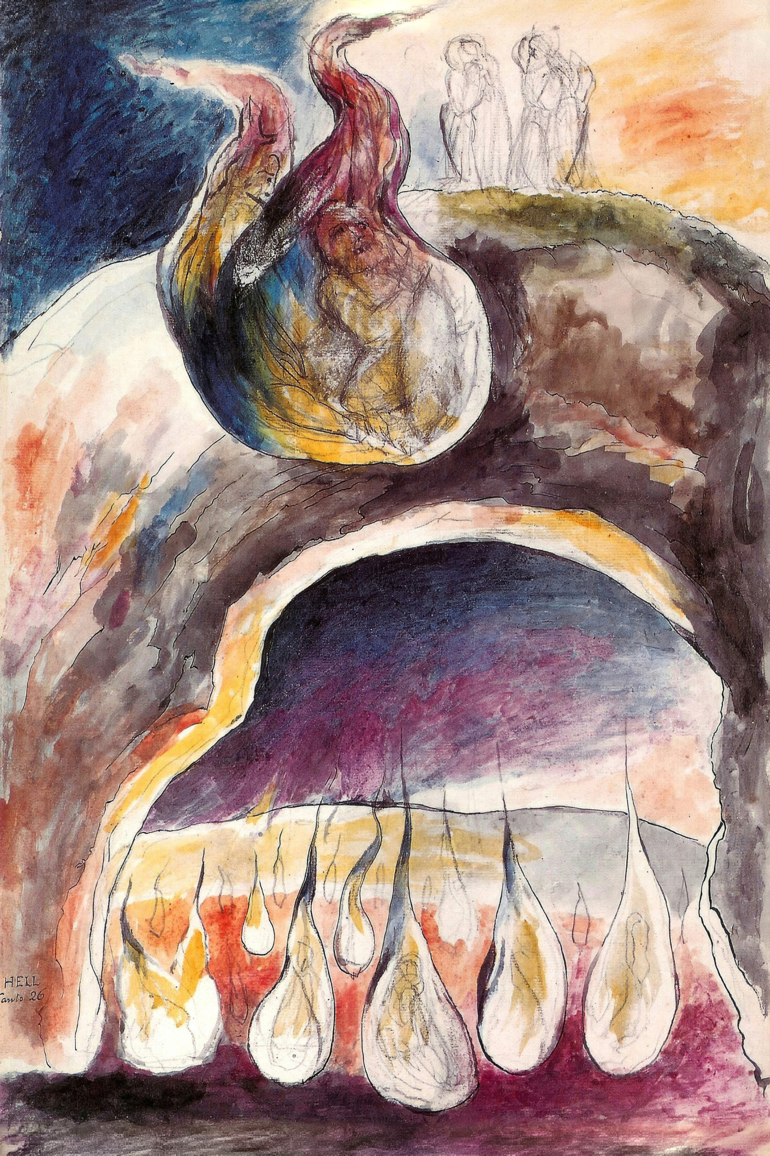 Ulysses and Diomedes burn together in a single flame under a dark sky.