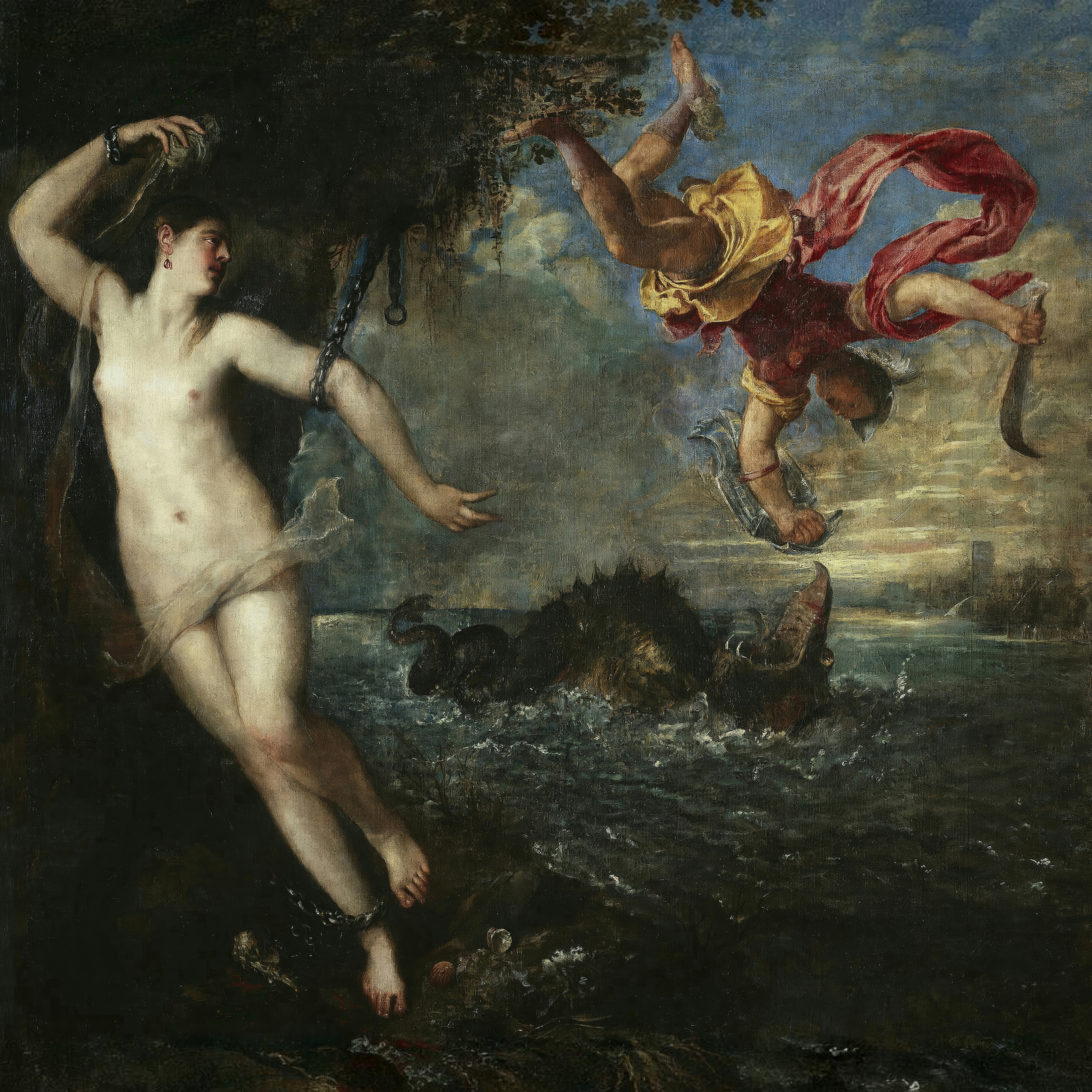 Perseus dives from the sky toward a sea monster while Andromeda stands chained to a rock.