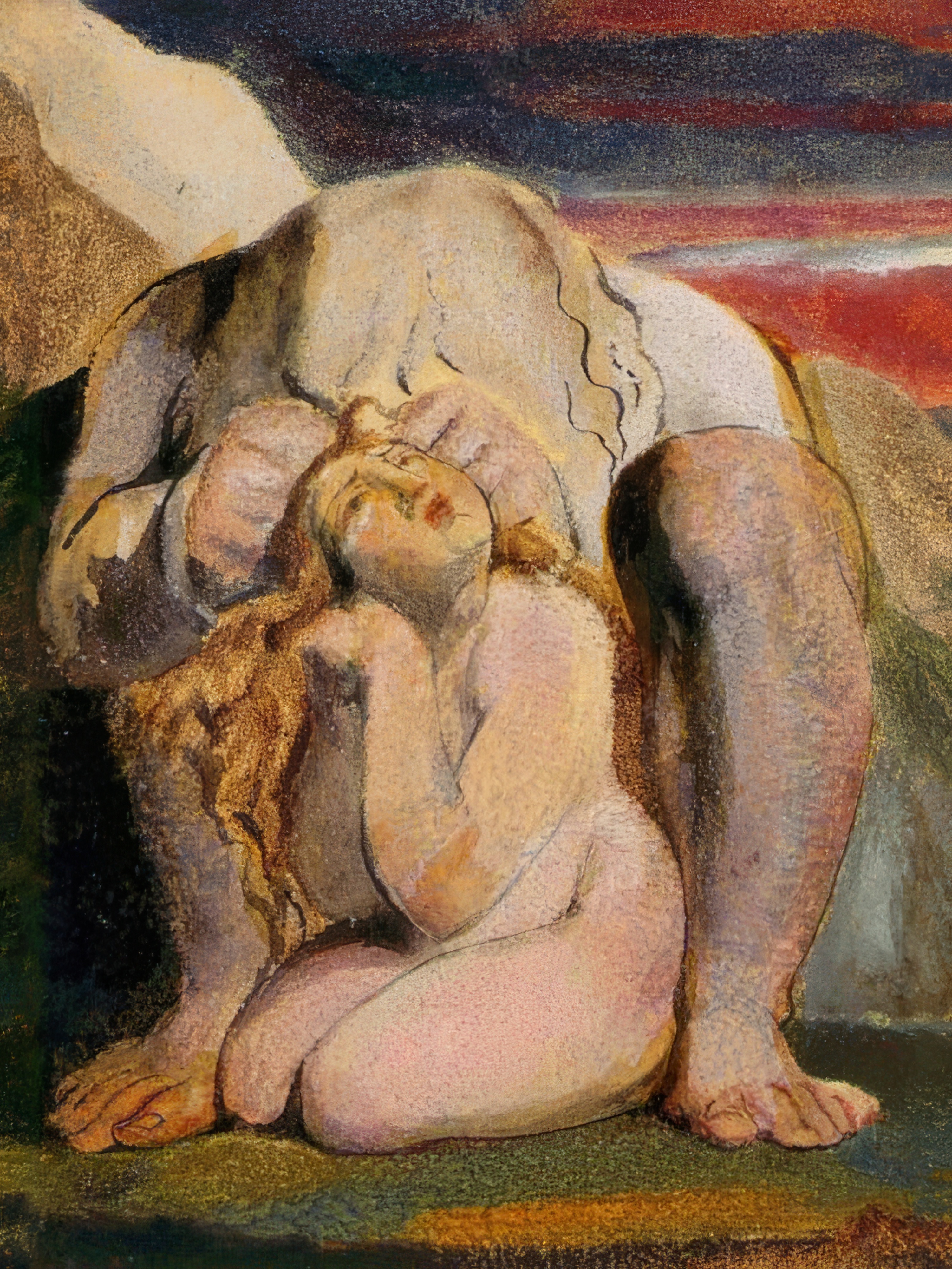 A figure kneels sheltered by a great stone form against a red and dark sky.