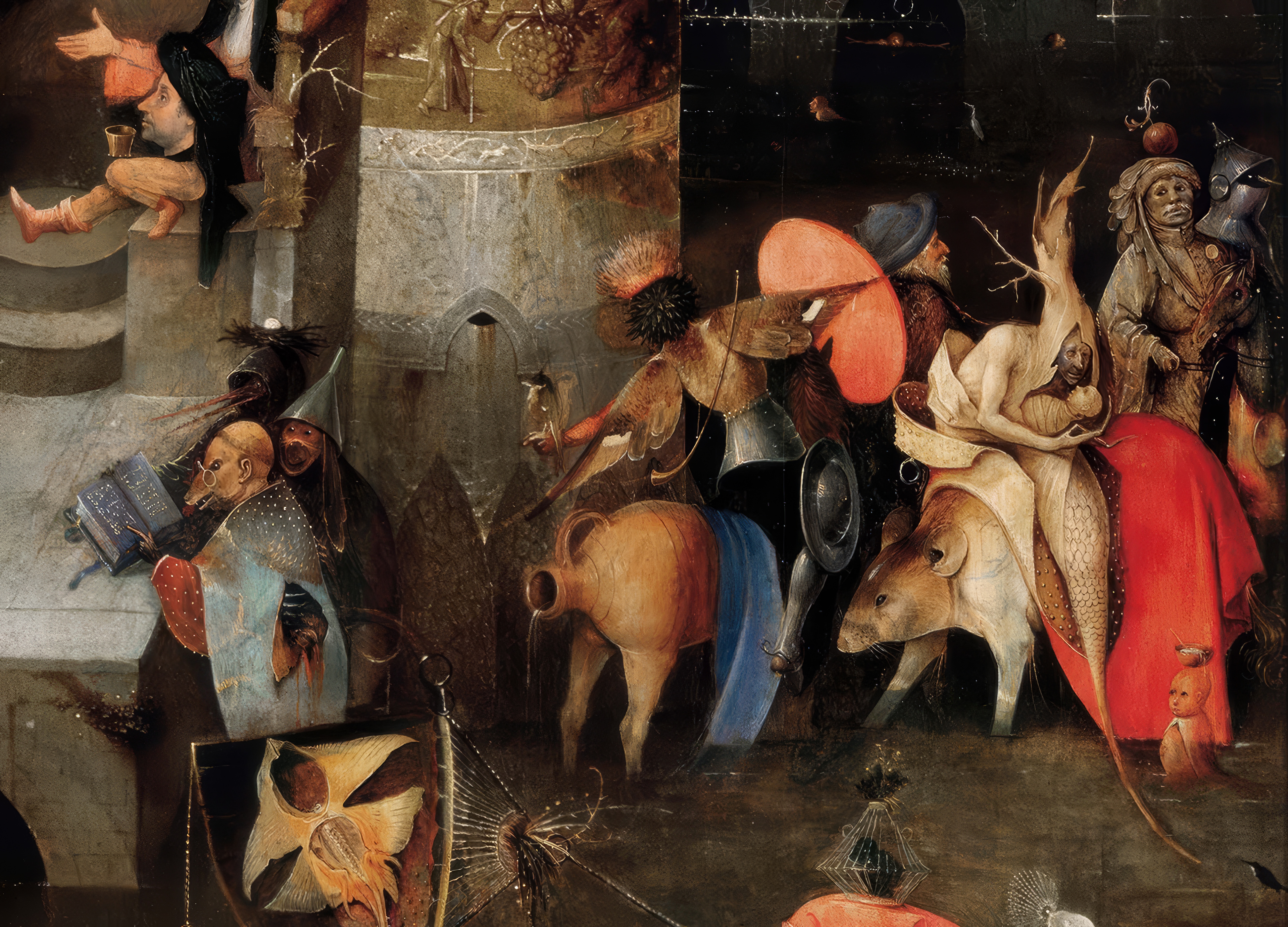 A procession of fantastical figures to the right of the saint, including a rider on a pig whose body becomes a dry branch and figures in red and blue cloaks; detail of Bosch's Temptation of Saint Anthony.