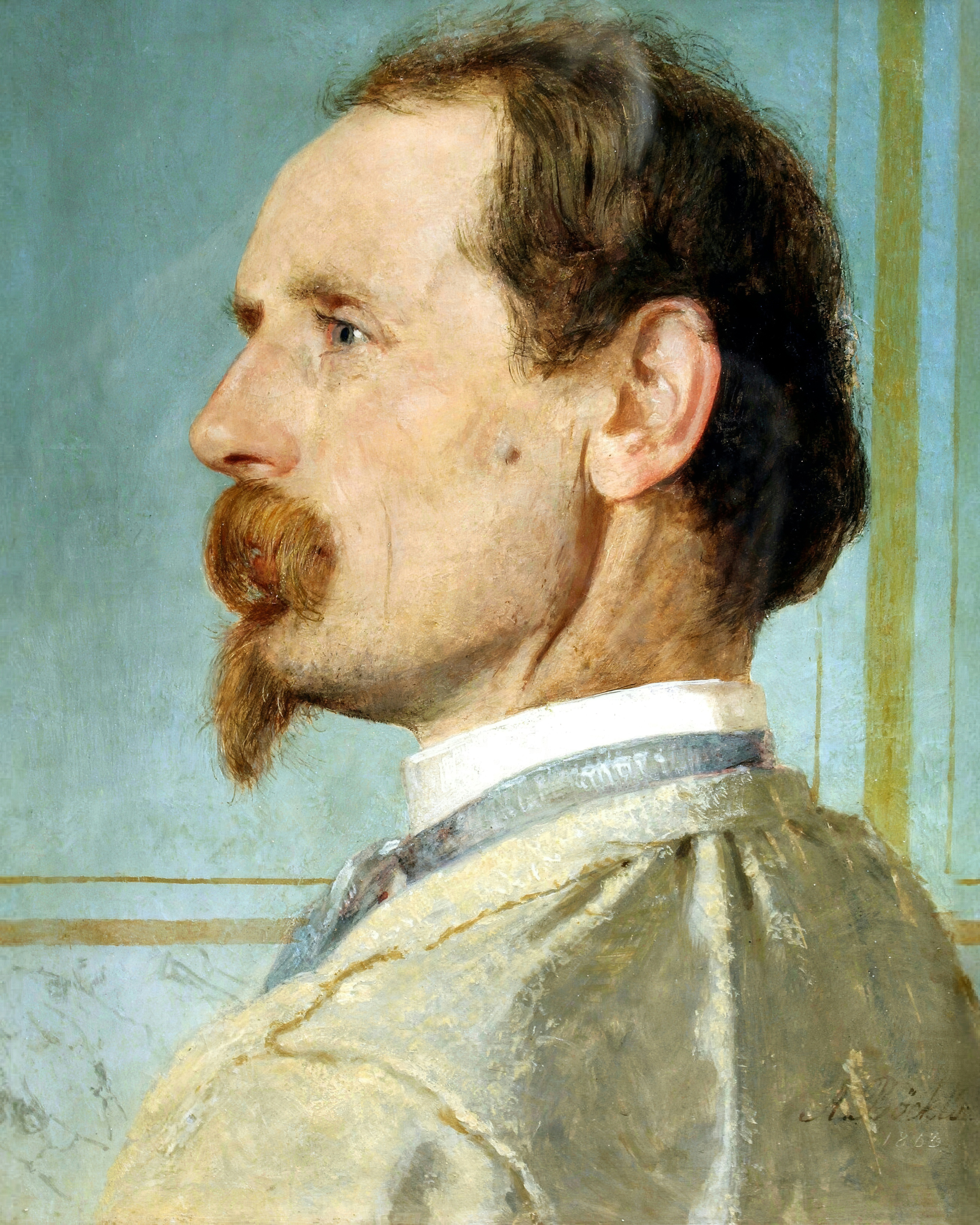 The sculptor Joseph von Kopf in profile, absorbed in thought, against a cool green ground.