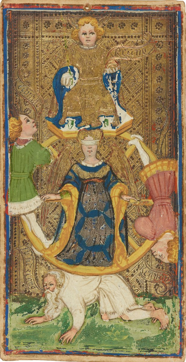 The Wheel of Fortune, a painted trump of the Visconti–Sforza tarot: Fortune at the centre of her wheel, with figures rising, enthroned and falling around its rim, on a gold ground.