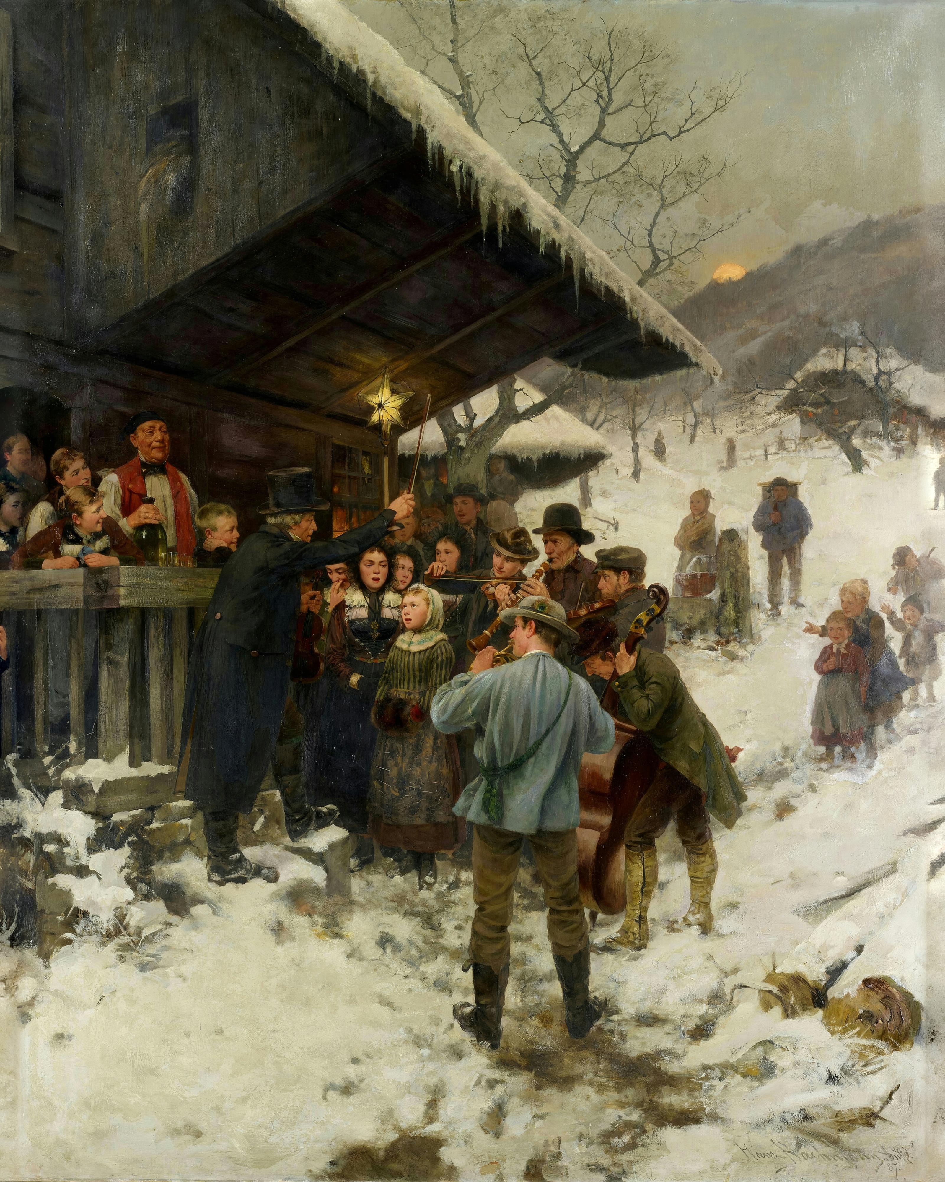 Village carol singers and musicians with a glowing star on a pole gather at the porch of a snowy Swiss chalet while neighbours watch.