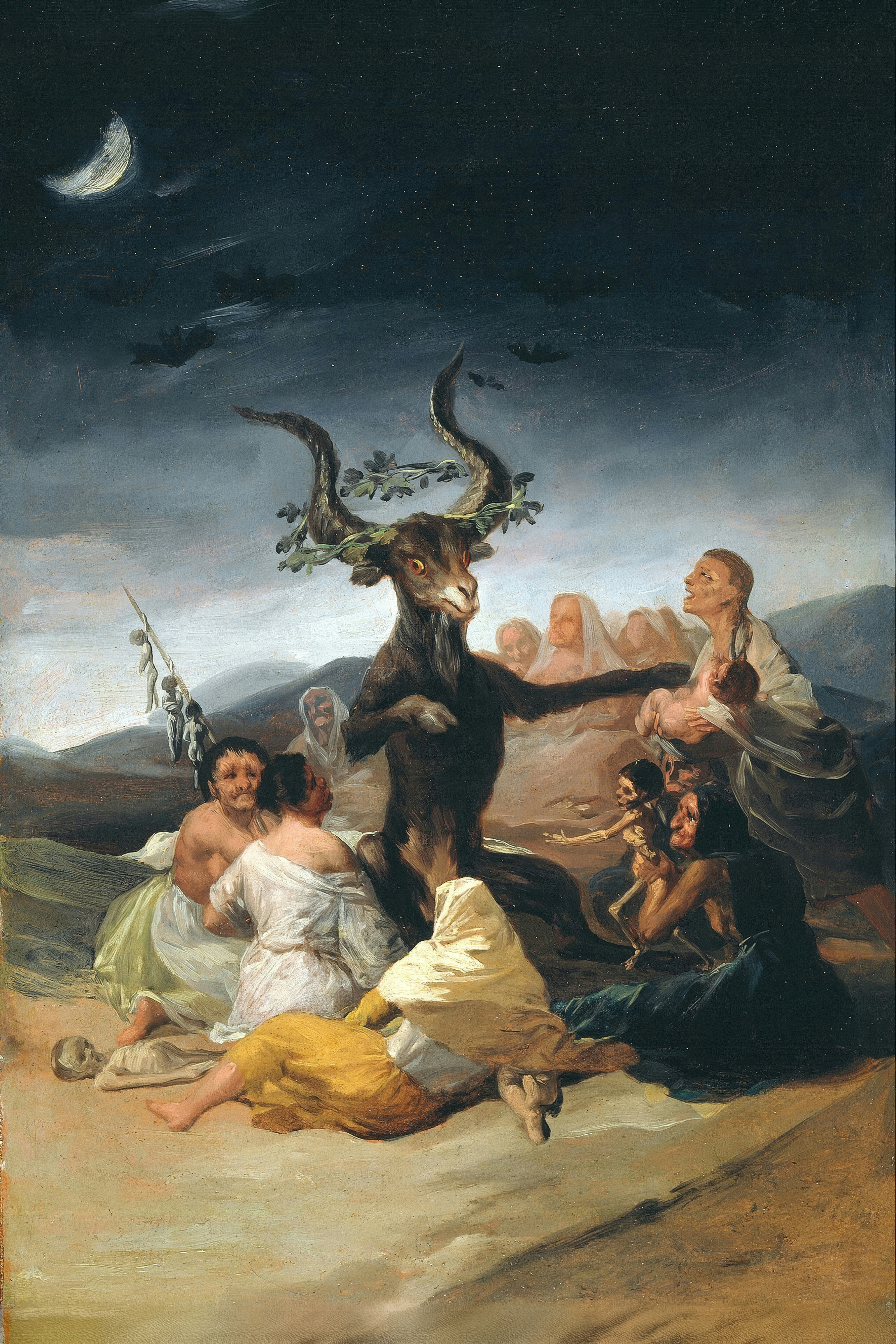 A great horned goat crowned with leaves sits among a circle of witches holding out babies under a crescent moon.