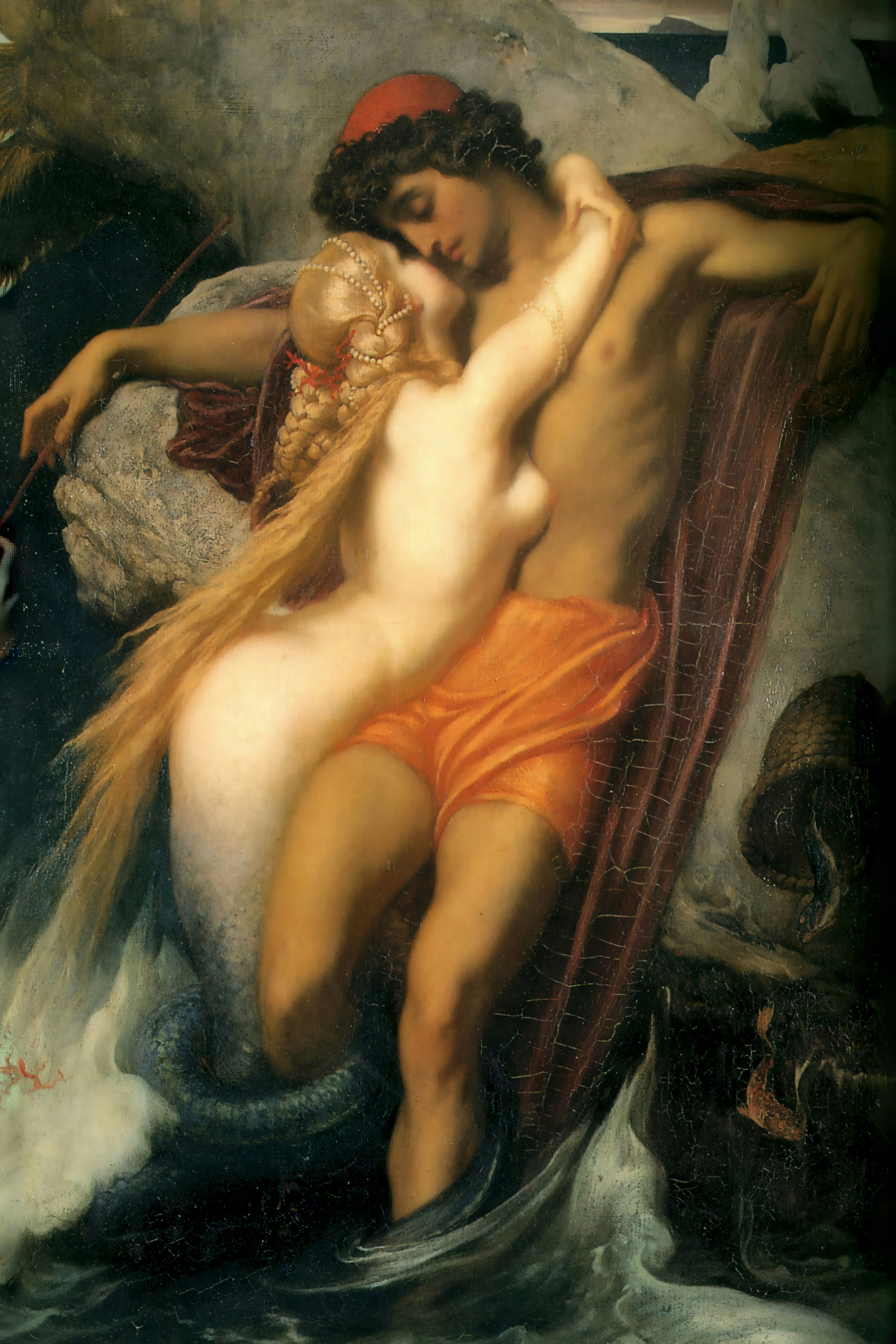 A pale siren with a fish's tail wraps her arms around a young fisherman's neck as a wave rises behind them.