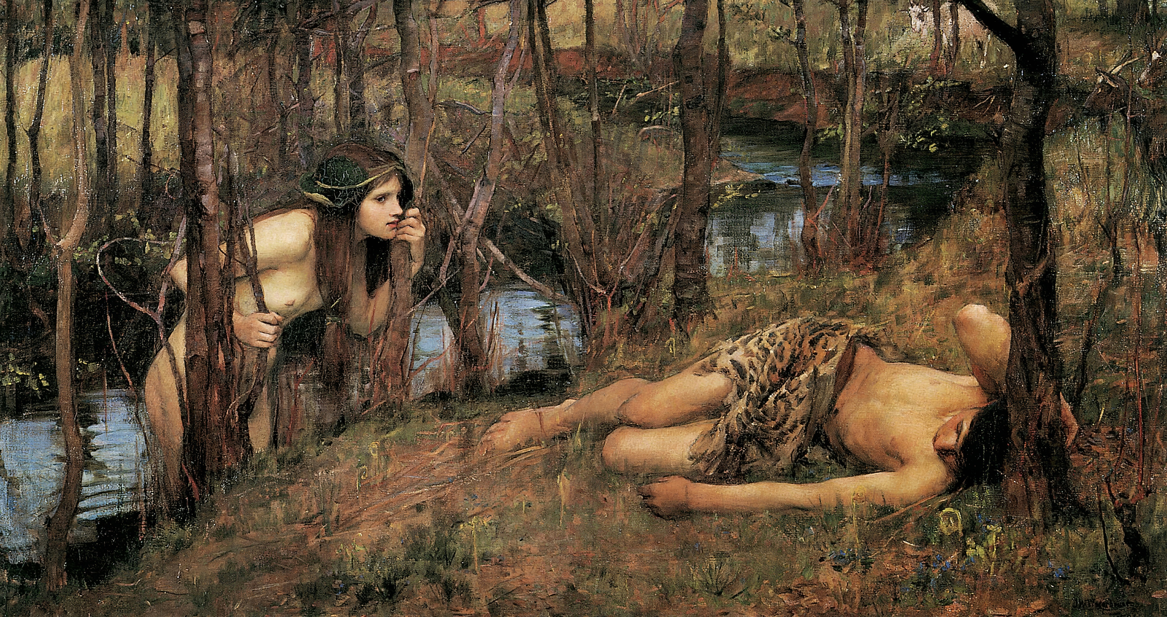 A dark-haired water nymph in a stream peers through slender trees at a sleeping young man on the bank.