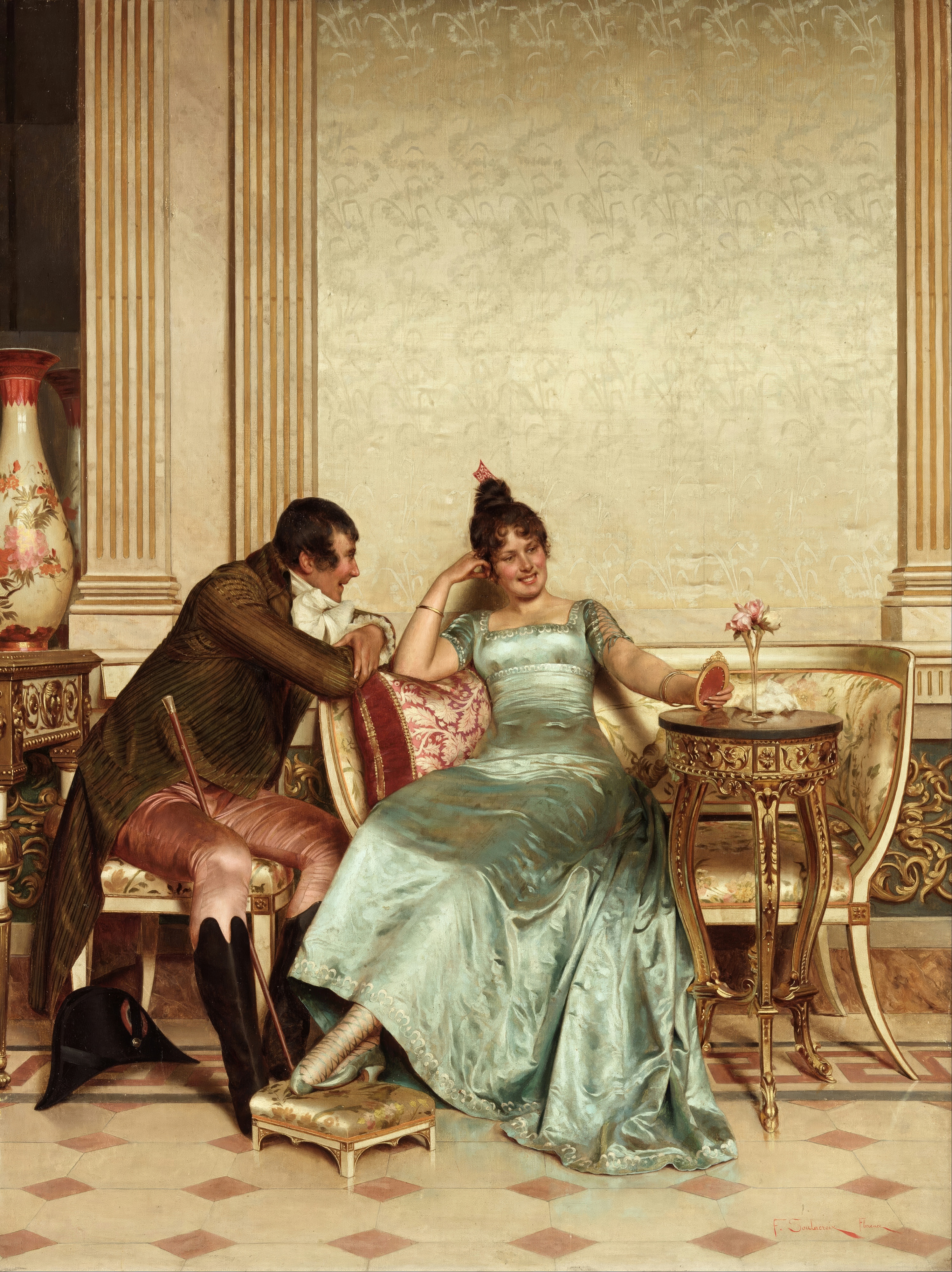 A young woman in a green satin gown laughing on a sofa while a gentleman in a brown coat leans towards her from a chair, in a pale salon with columns; painted by Frédéric Soulacroix.