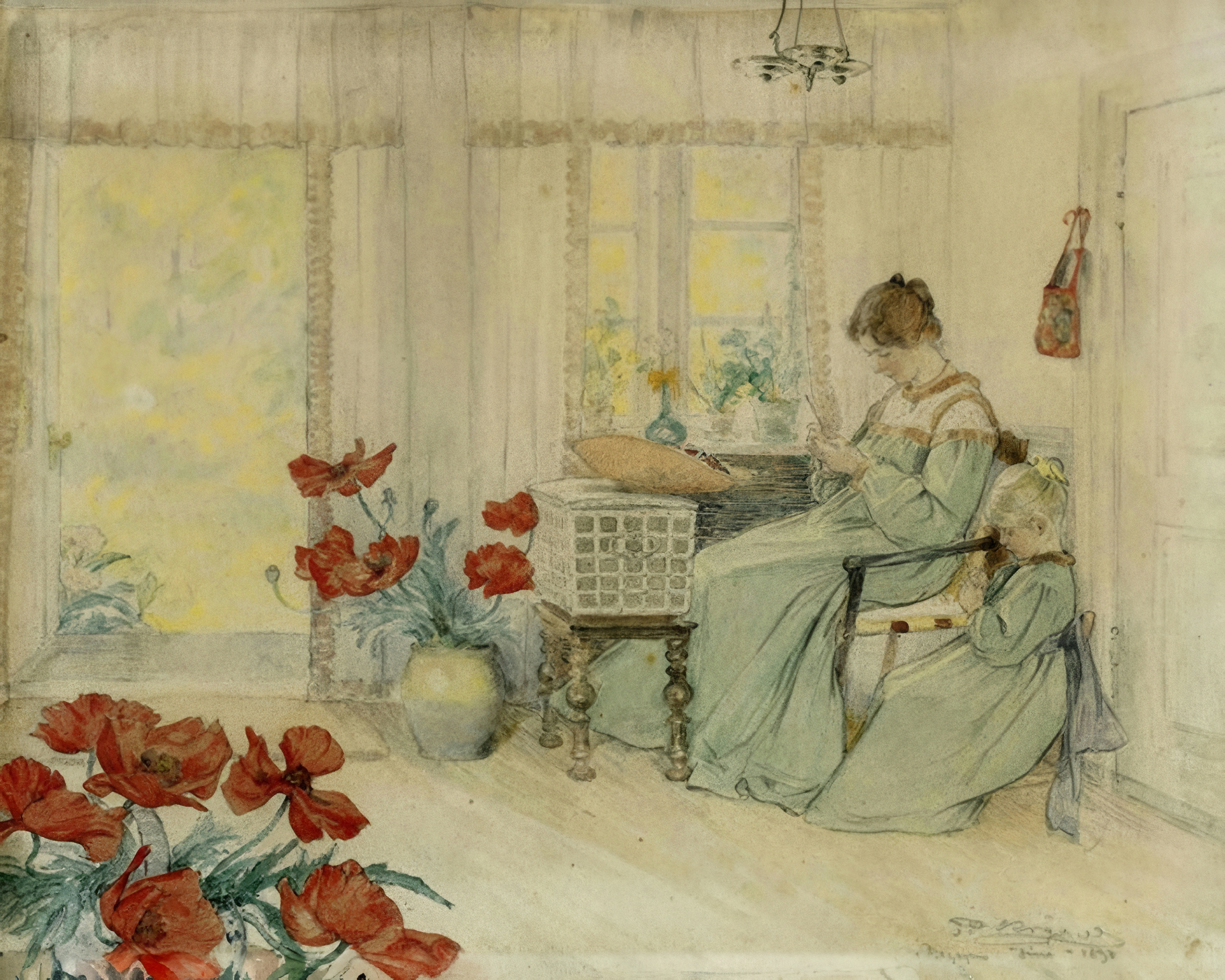 A woman and a young girl in pale green embroider in a sunlit room, with red poppies in the foreground.
