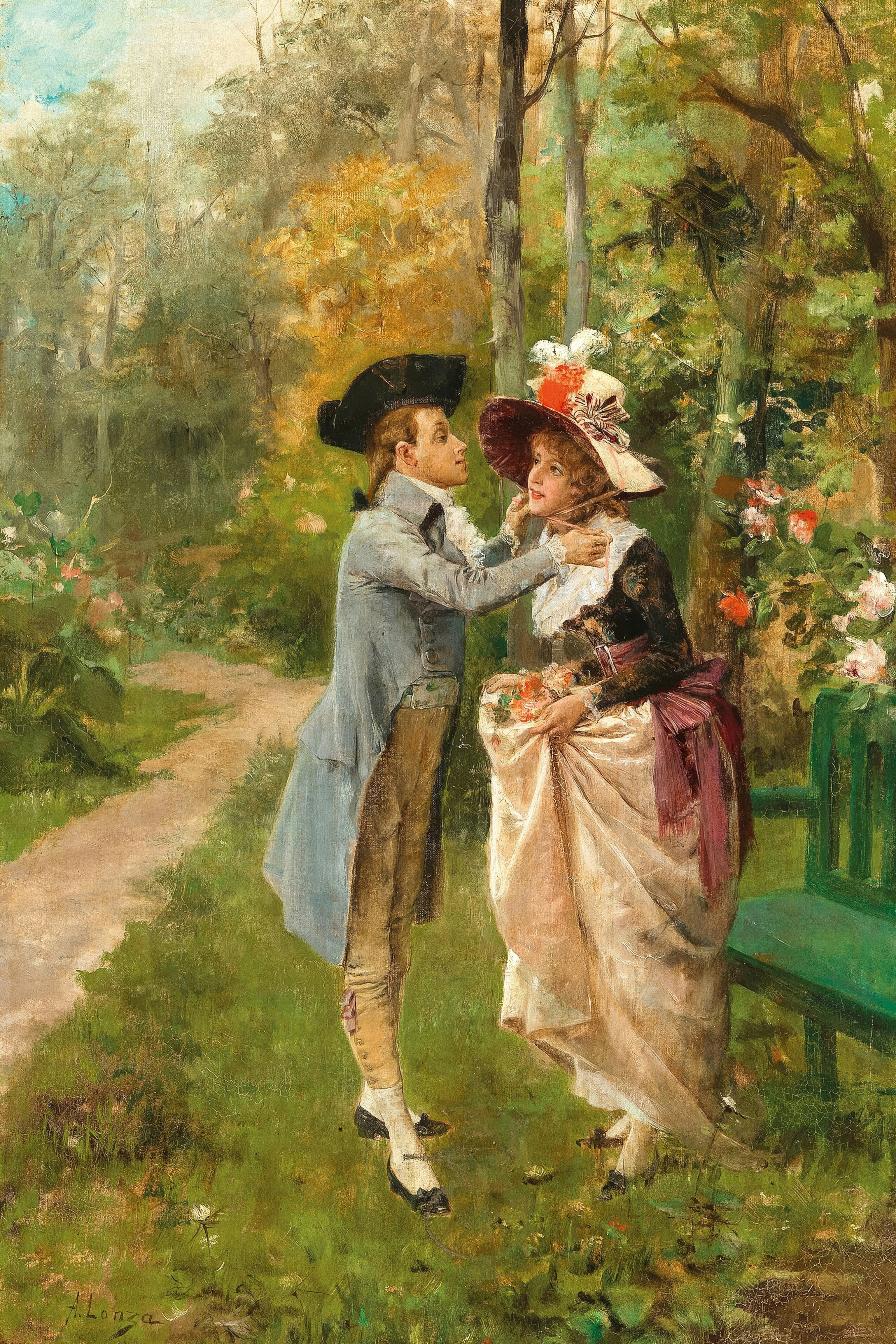 A young man in a powdered wig and blue coat touching the face of a young woman in a striped gown and flowered hat on a garden path; painted by Antonio Lonza.