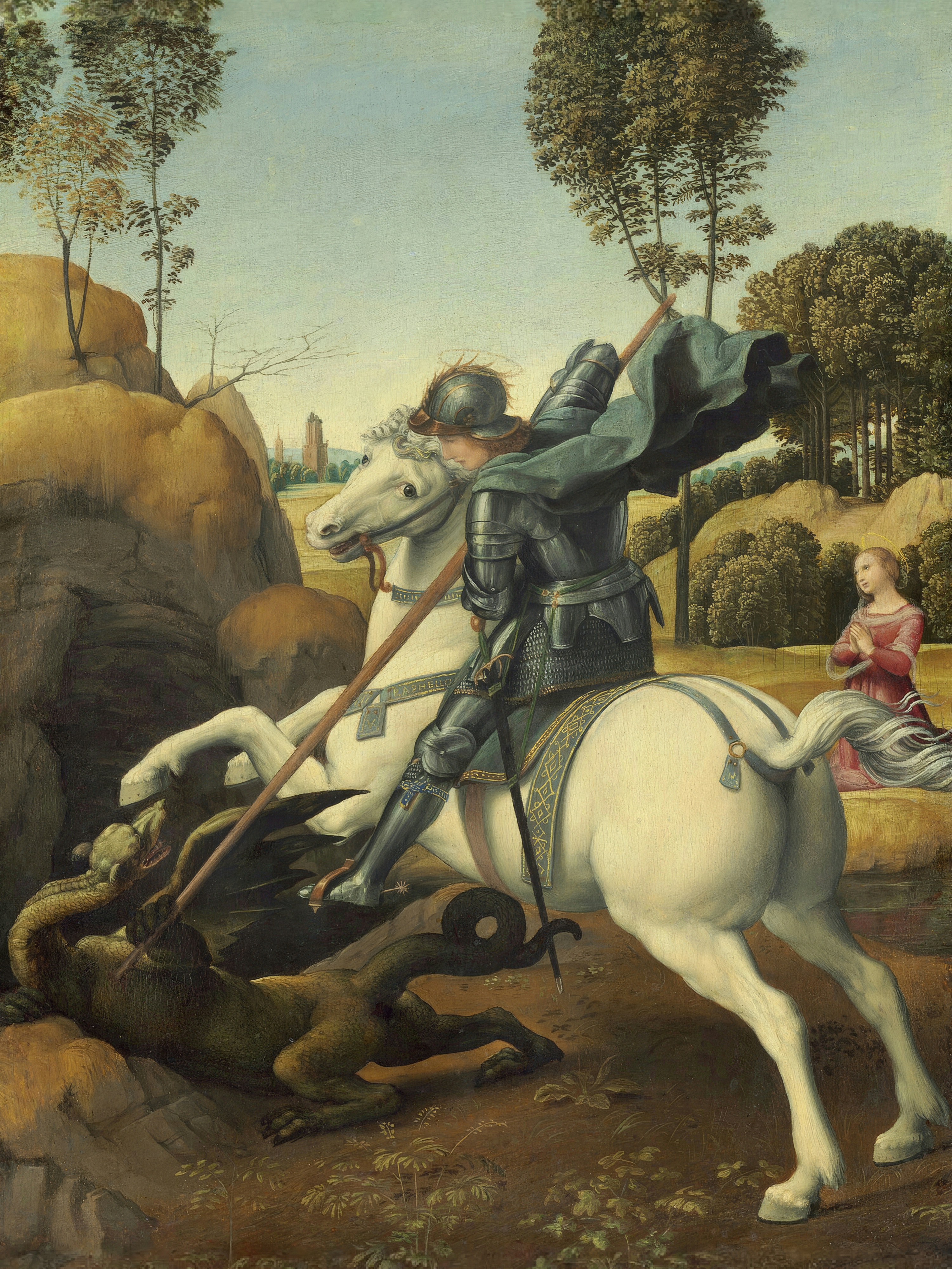 Raphael's Saint George on a white horse driving his lance into a dragon, with a princess praying in the distance.