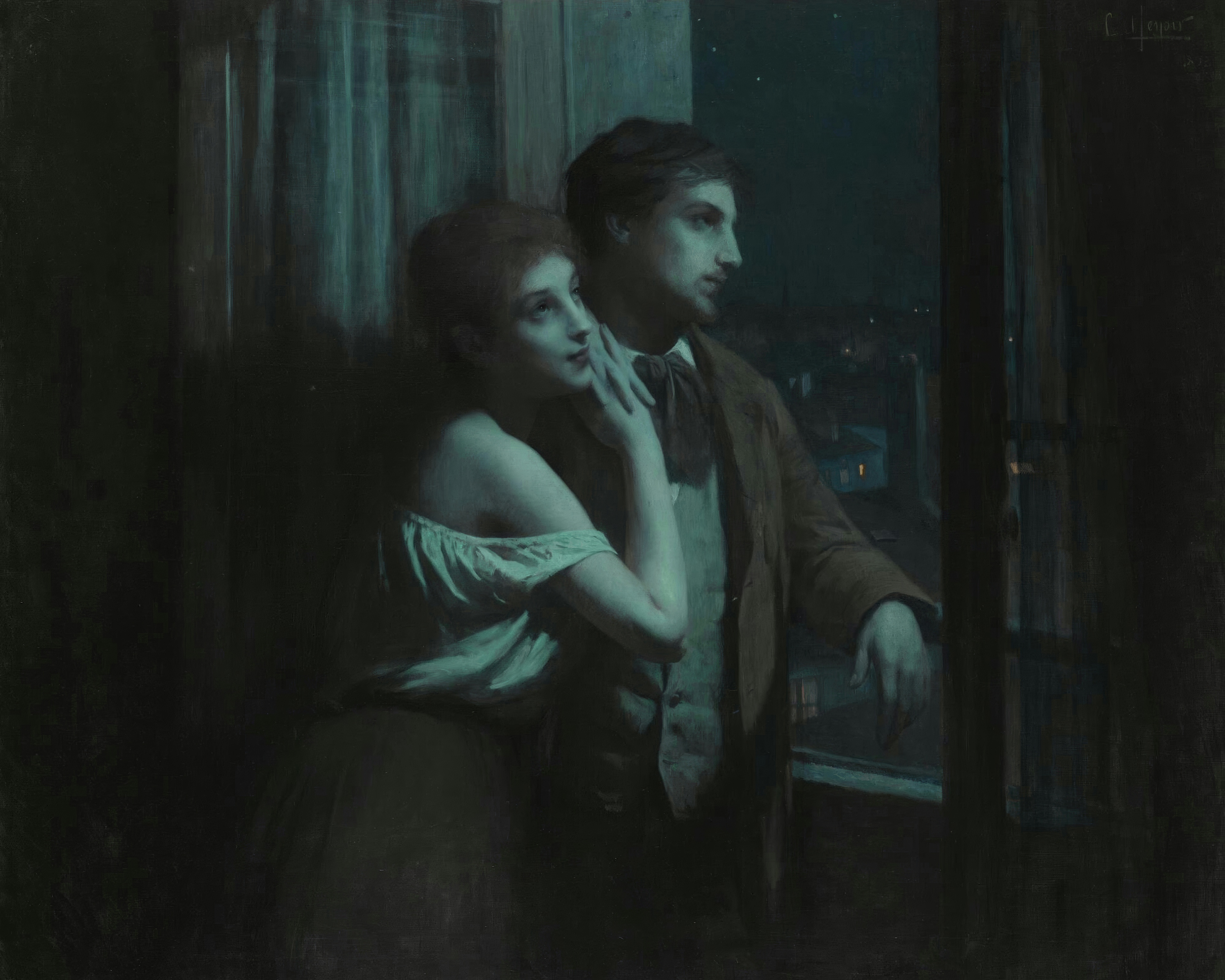 A young woman in an off-the-shoulder dress leaning against a young man at a window at night, lit by a cold blue-green light; painted by Charles-Amable Lenoir.
