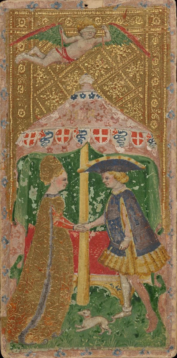 The Lovers of the Cary-Yale Visconti tarot: a man and a woman join hands beneath a canopy hung with Savoy and Visconti shields, a blindfolded Cupid above them, on a tooled gold ground.