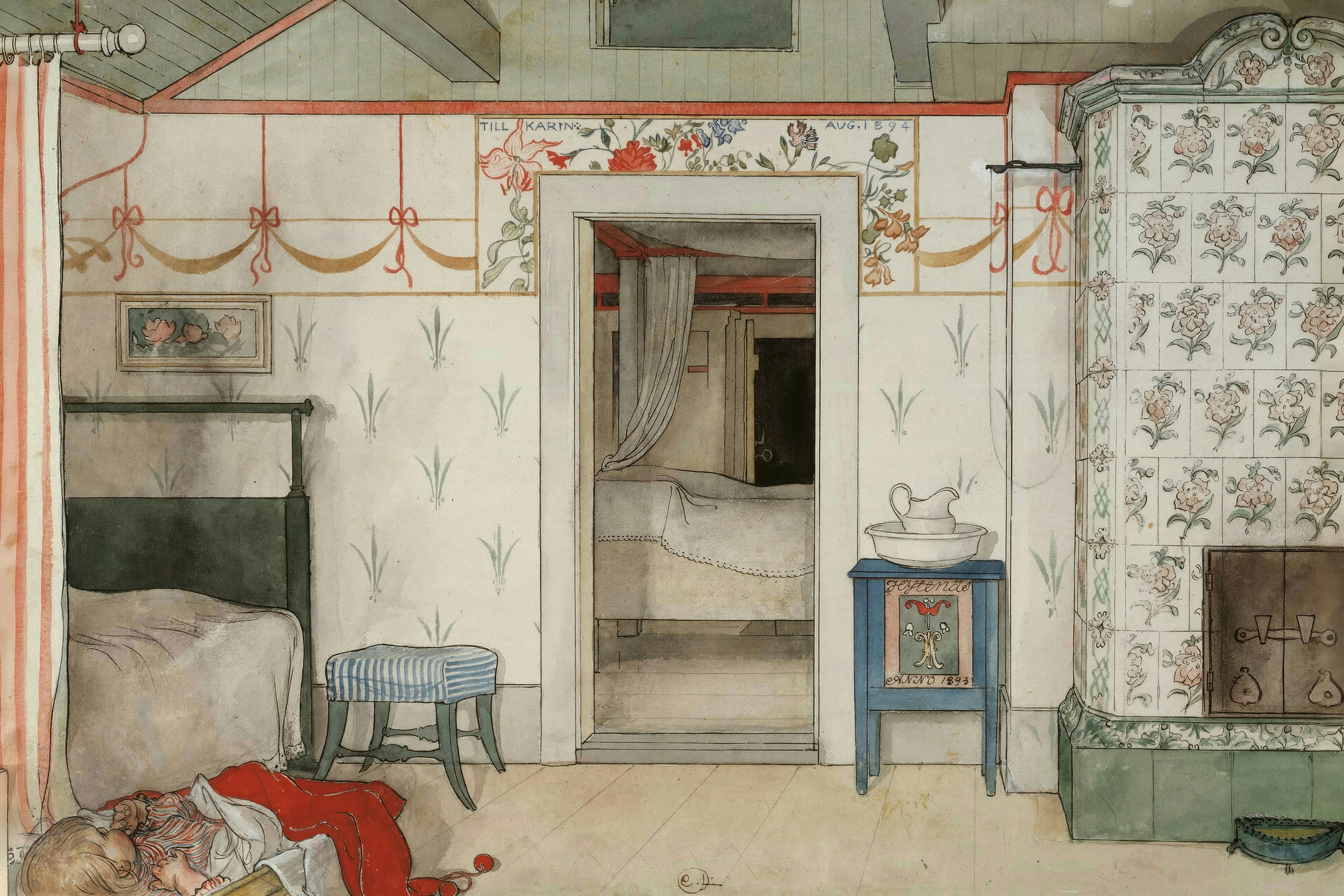 A child sleeps under a red blanket in a bright Swedish interior with a tiled stove and an open door.