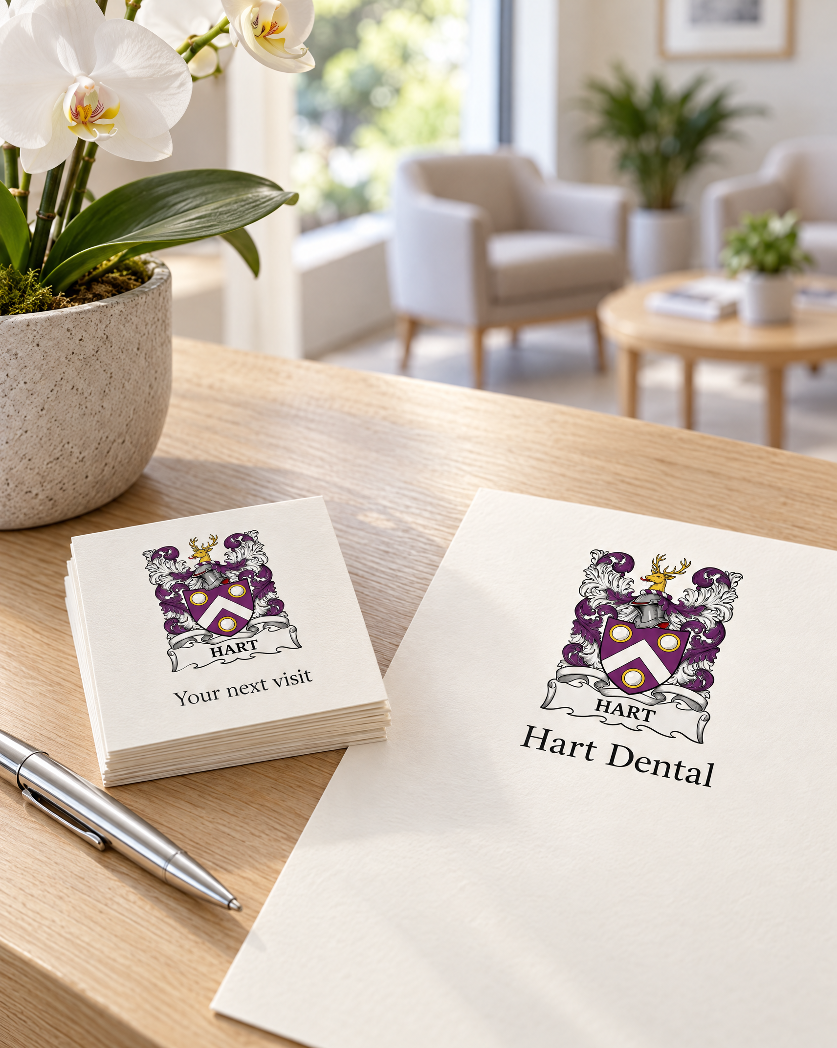 Hart Dental appointment cards reading Your next visit and a letterhead with a purple and white coat of arms, on a pale oak reception counter beside a white orchid.