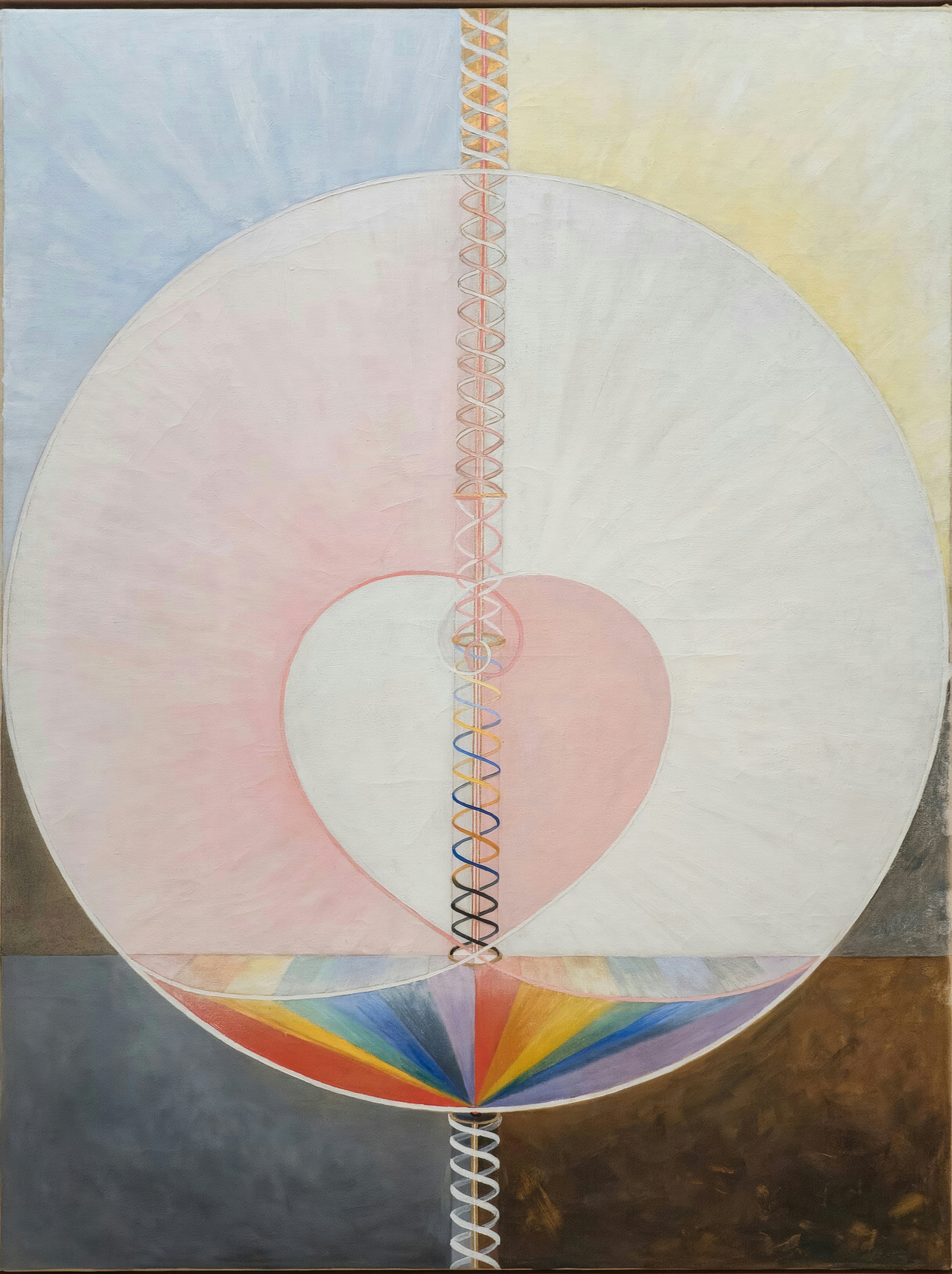 A pale sphere holding a pink heart, crossed by a spiralling double line.