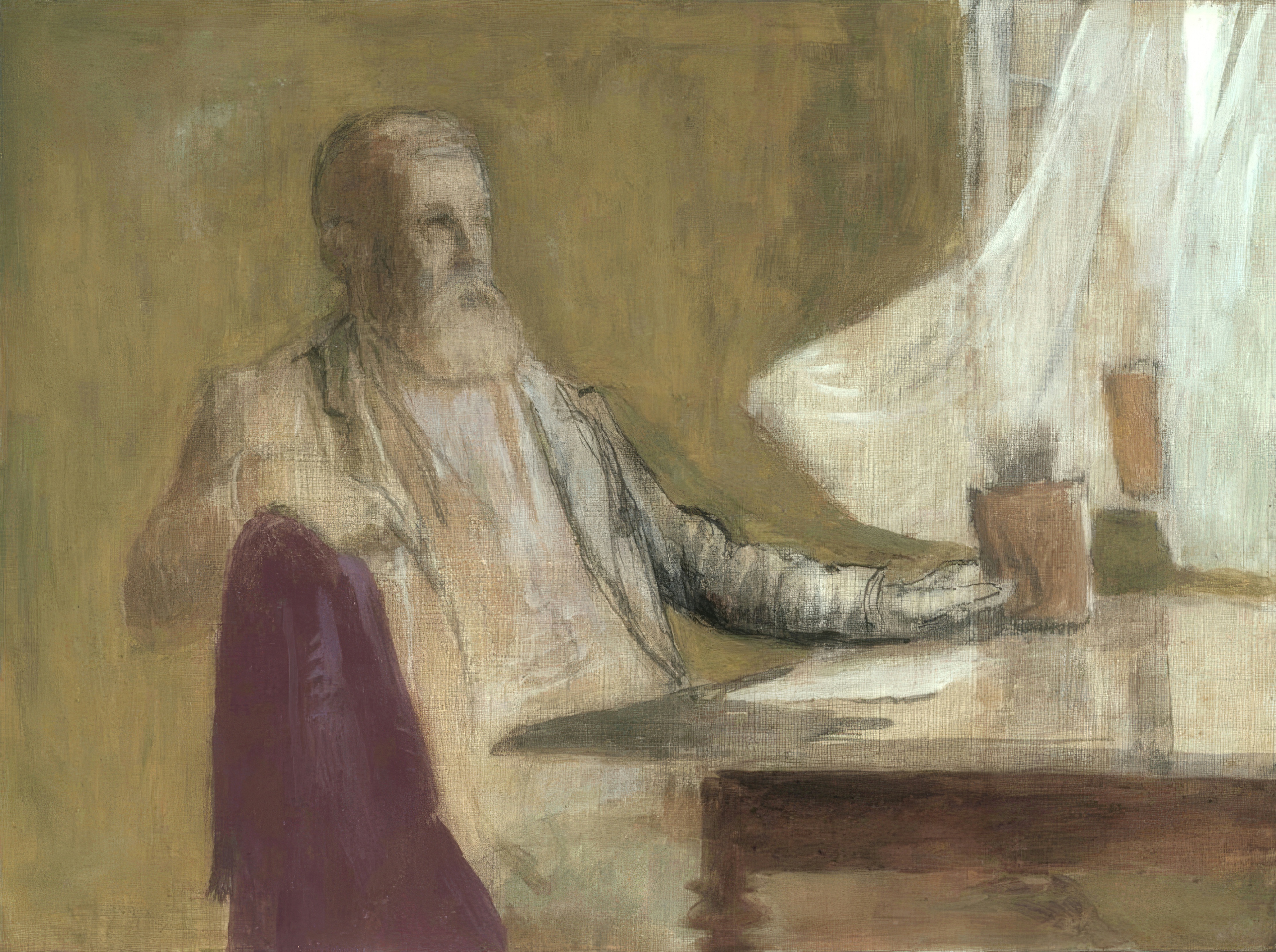 The elderly Böcklin sits lost in thought, a deep purple drape beside him.