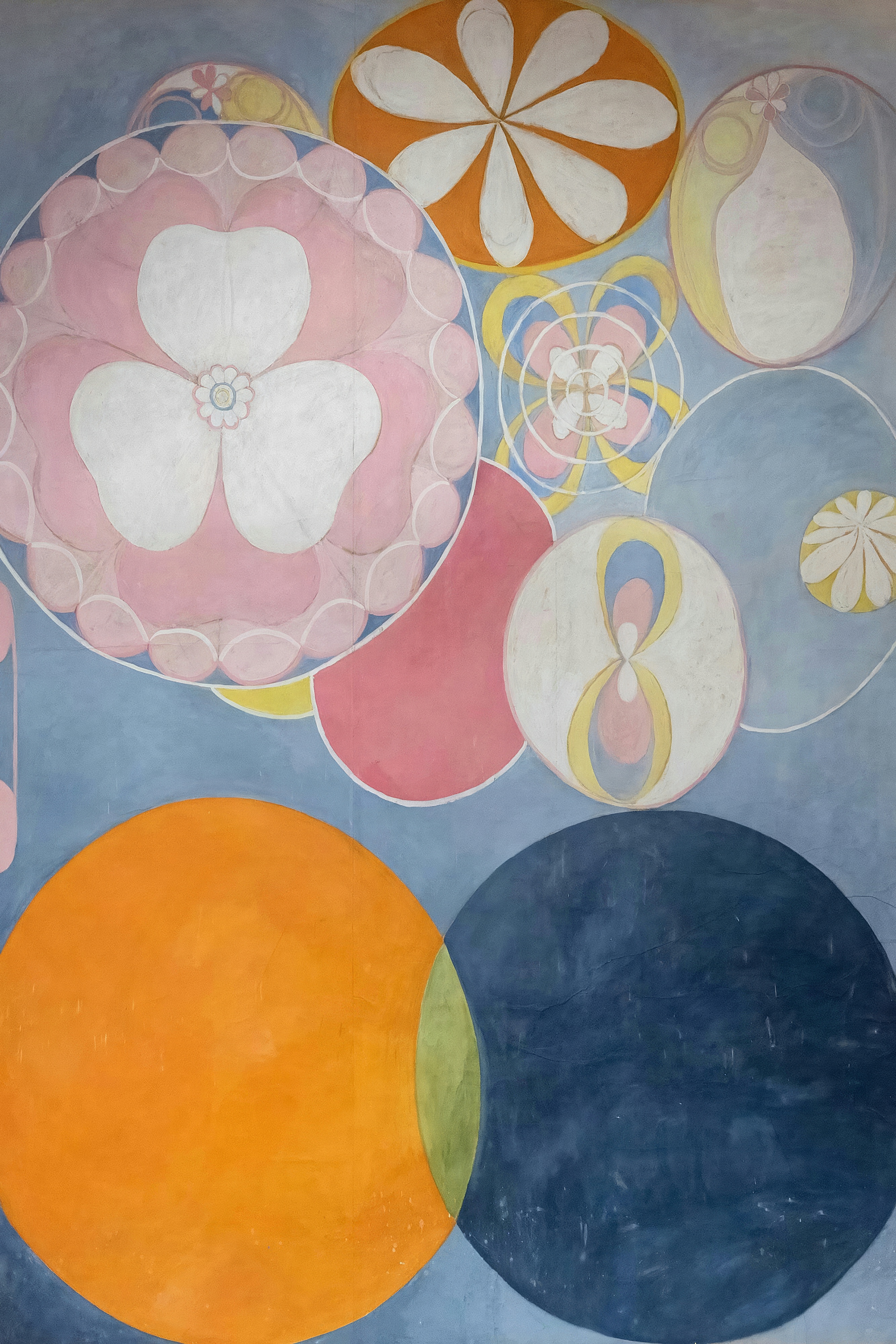 Blush and orange rosettes bloom in circles on a dusty blue ground.