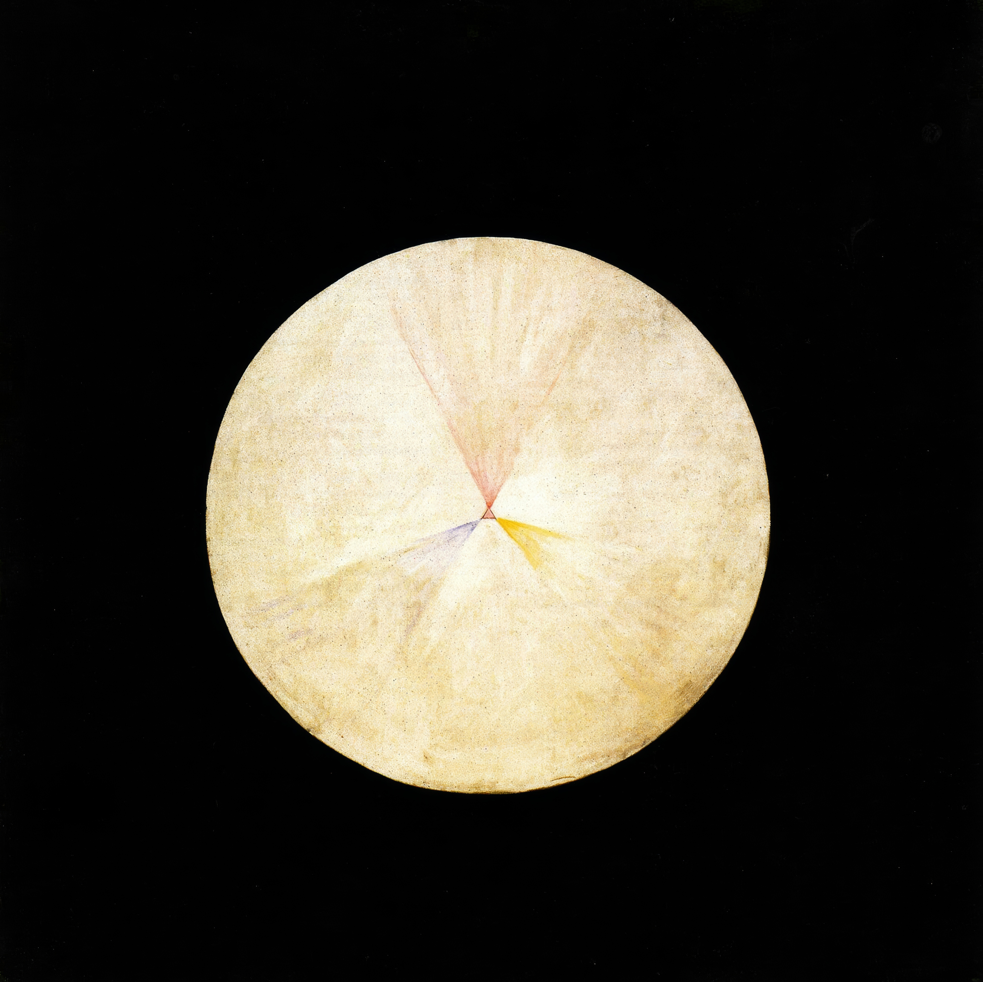 A single pale cream sphere, faintly lined, glows at the centre of a pure black canvas.