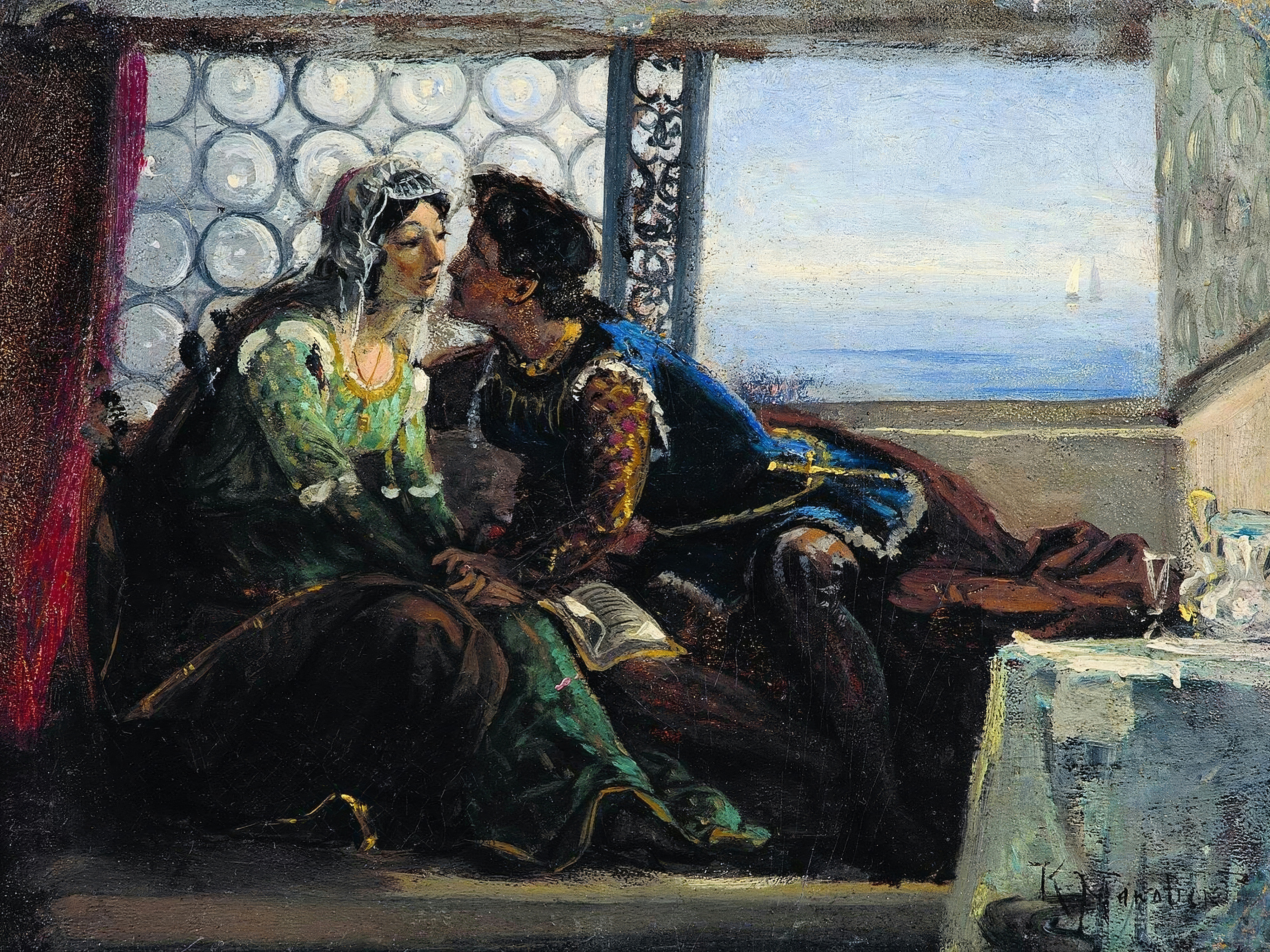 Romeo in dark velvet kissing Juliet in a green and white gown on a window seat, a leaded window open to a pale sea behind; painted by Konstantin Makovsky.